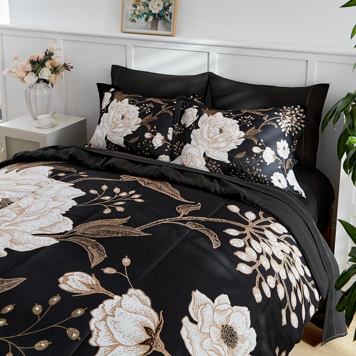 Juego de sábanas de edredón de flores negras, ropa de cama floral en una bolsa, 7 piezas tamaño Queen, juego de ropa de cama de verano de microfibra