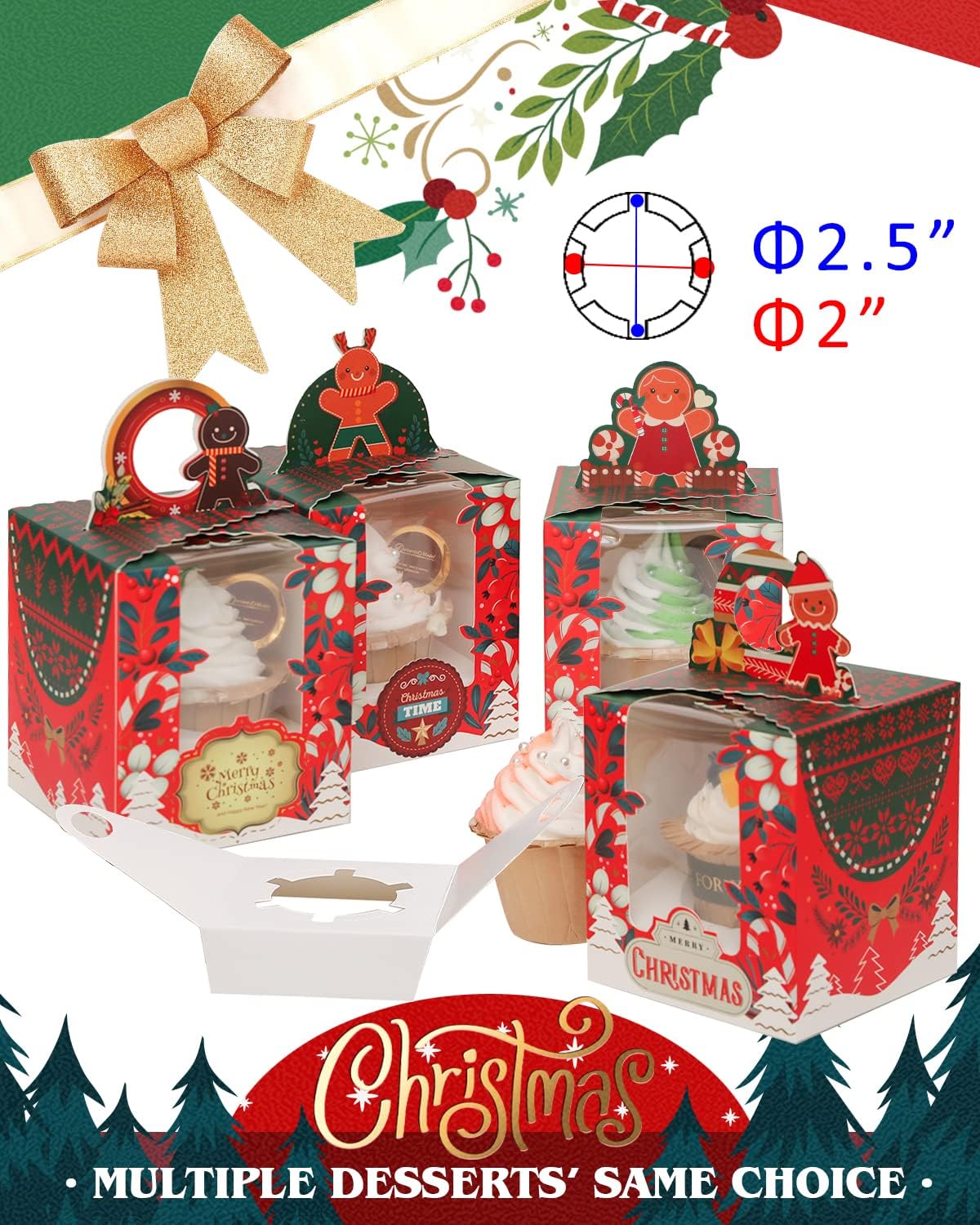 qiqee Cajas individuales de cupcakes de Navidad, 50 unidades, cajas de magdalenas individuales con ventana 3.7 “3.7” x 4.5 ” caja de magdalenas para