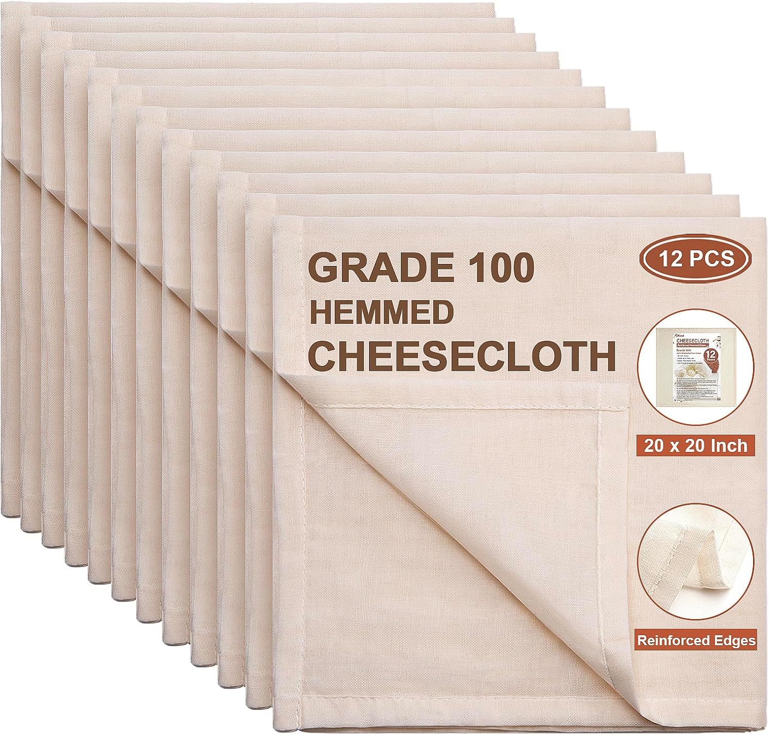 Paños de queso, precortados de 20 x 20 pulgadas con bordes con dobladillo, grado 100 estopilla para colar, lavables y reutilizables, paños de