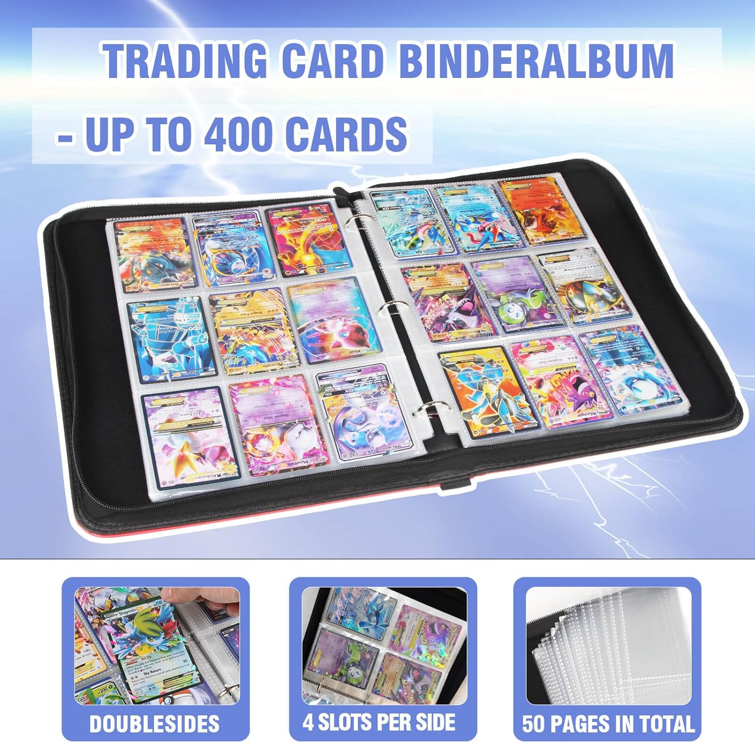 Carpeta de tarjetas de 4 bolsillos, 400 bolsillos, portatarjetas portátil con 50 fundas para coleccionista, TCG-Rojo