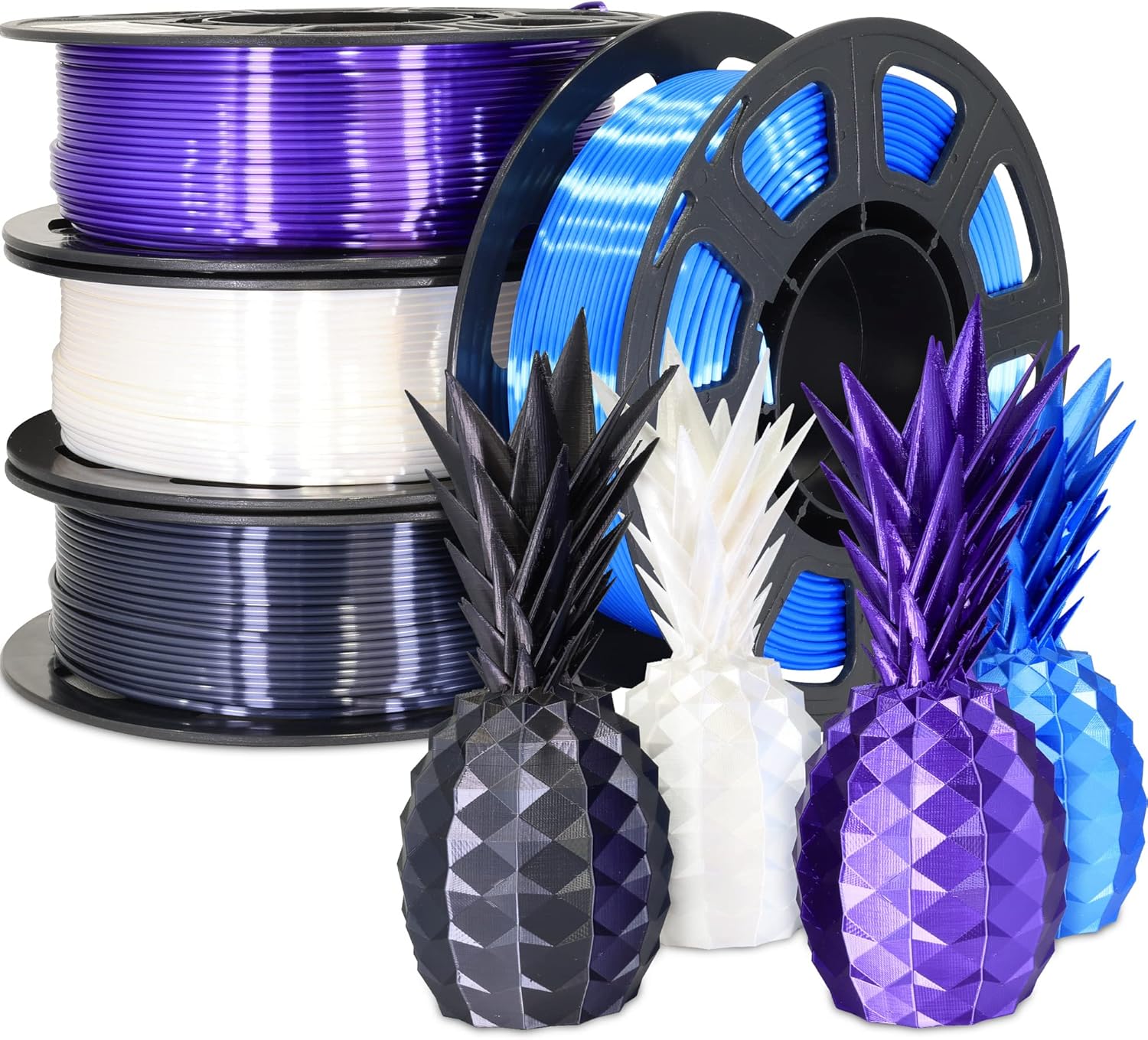 BBLIFE Paquete de filamentos 3D de PLA de seda 4 en 1 de 0.069 in brillo de seda negropúrpurablancoazul, cada carrete 8.82 oz, 4 carretes