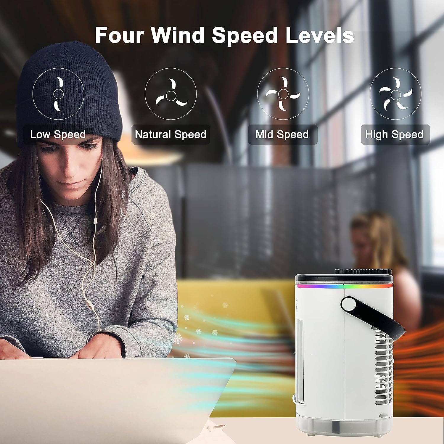 Aire acondicionado portátil, mini ventilador de aire acondicionado portátil, 4 velocidades de viento y 7 luces LED, 2 pulverizadores de aire frío y