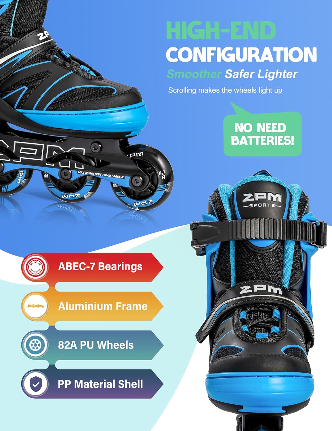 2PM SPORTS Patines en línea ajustables para niños de 4 a 12 años, patines Inlie para niñas y niños de 5 a 8 a 12 años con ruedas de luz completa,