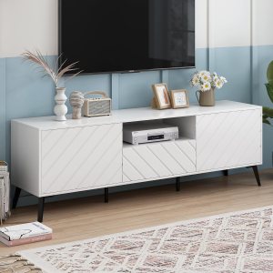 Soporte de TV moderno de mediados de siglo para TV de 75 pulgadas, gabinete de TV de madera con cajón y estante abierto, mesa consola de TV Soporte de TV moderno de mediados de siglo para TV de 75 pulgadas, gabinete de TV de madera con cajón y estante abierto, mesa consola de TV
