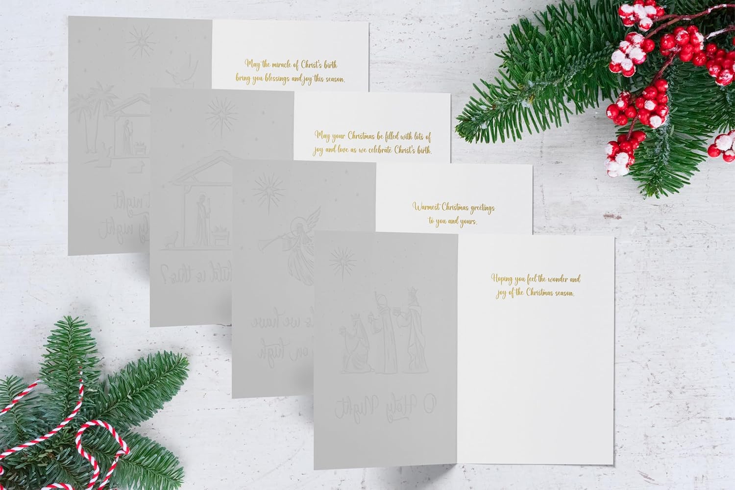 Better Office Products Paquete de 50 tarjetas de Navidad religiosas con detalles de lámina dorada en relieve, 5 x 7 pulgadas, alto brillo, saludo