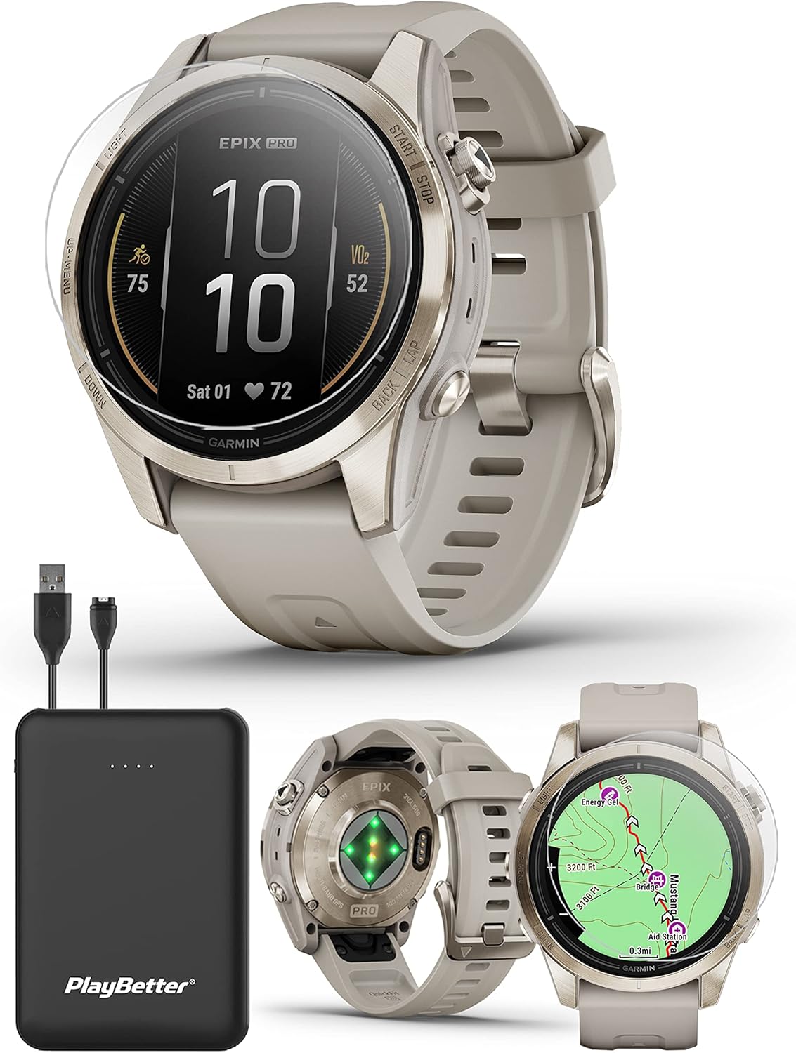 Garmin epix Pro (Gen 2) Sapphire (oro suavearena clara) Reloj GPS para exteriores  1.654 in con pantalla AMOLED y linterna integrada  Paquete de