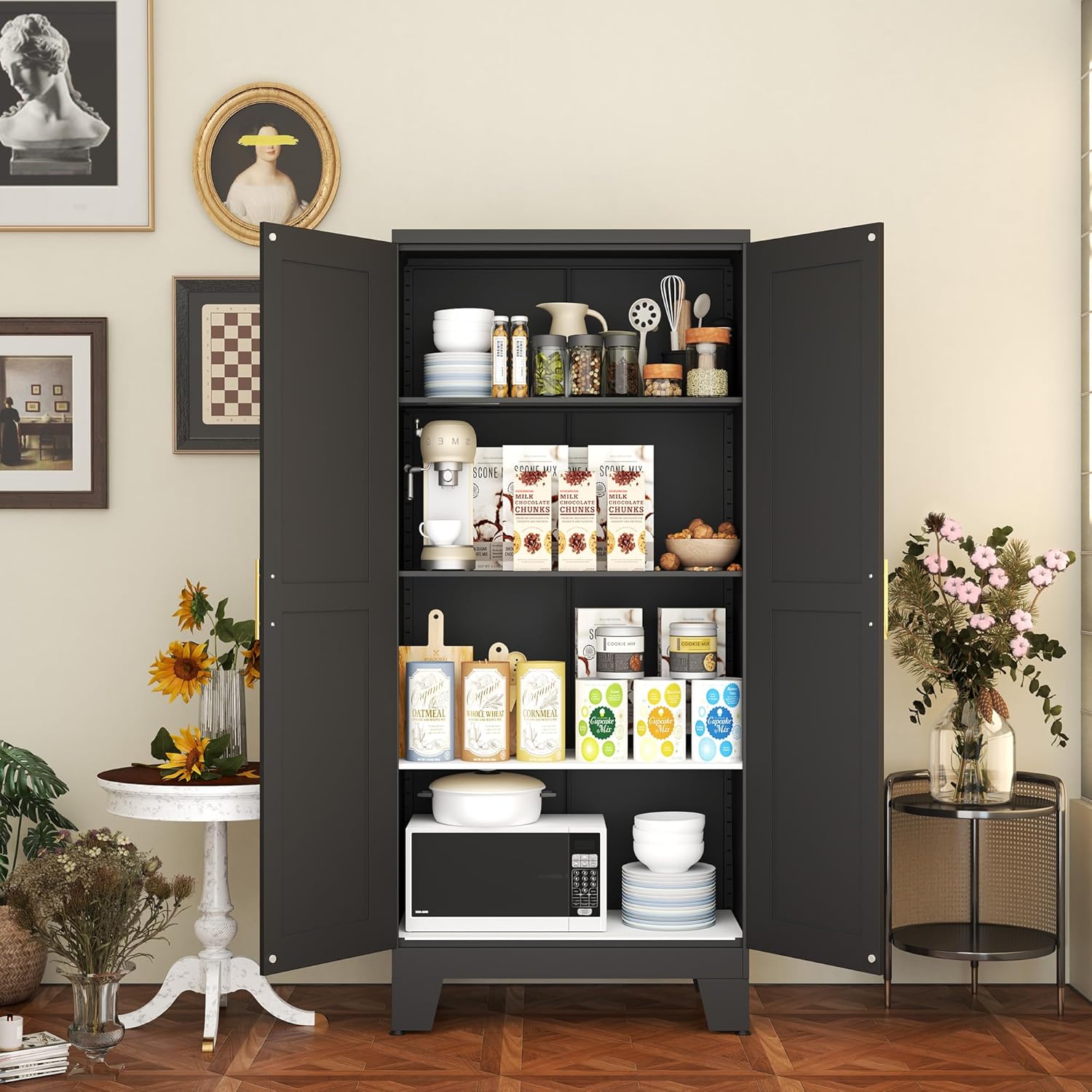 Gabinete de almacenamiento de metal, armario de almacenamiento de baño con puertas y estantes, gabinete de almacenamiento de oficina con cerradura,
