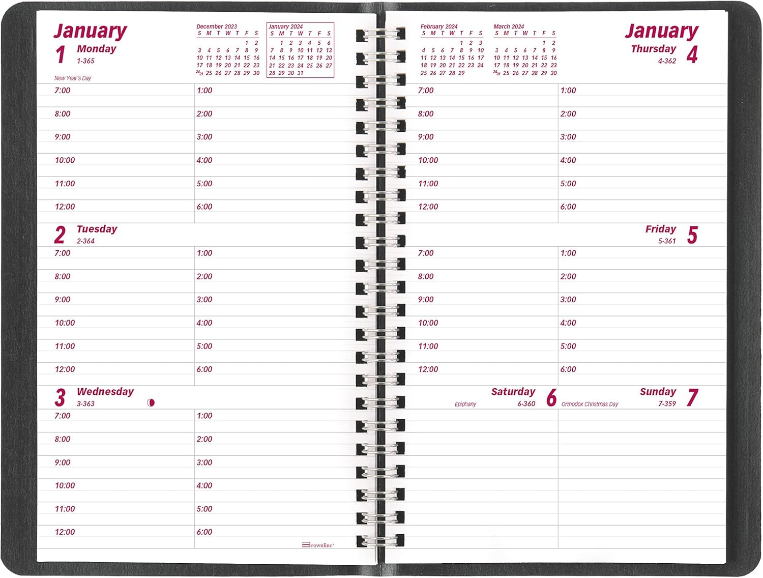 Brownline Agenda semanal esencial 2024, libro de citas, 12 meses, enero a diciembre, encuadernación de doble alambre, 8 x 5 pulgadas, negro