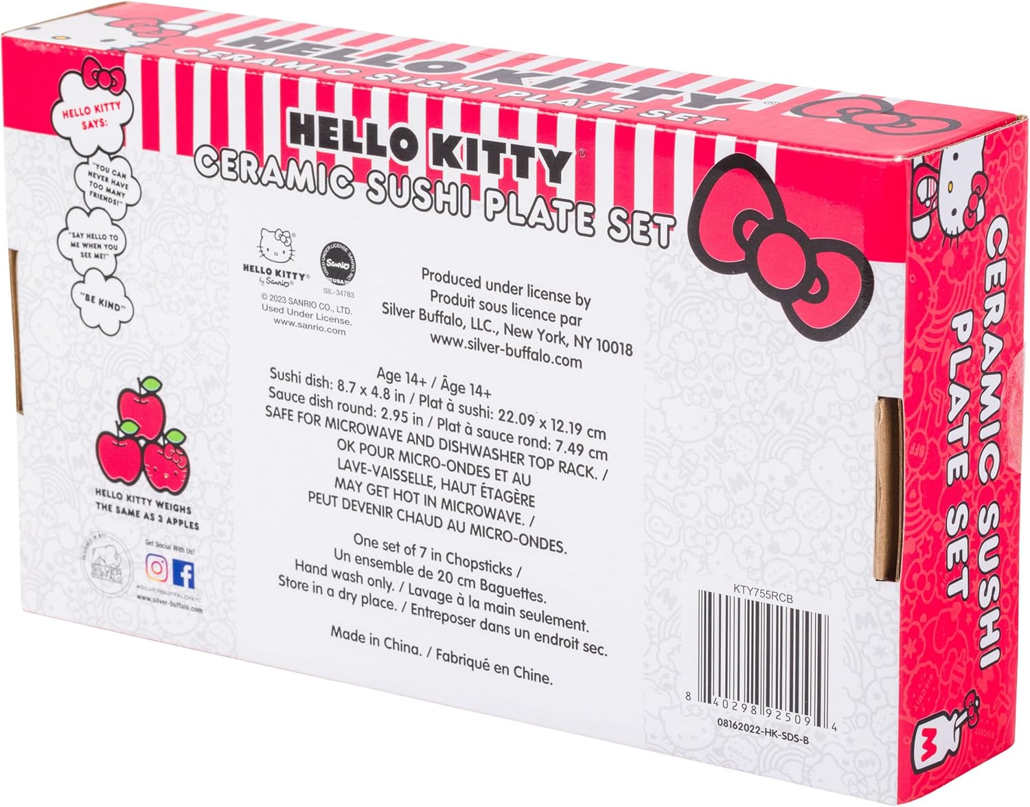 Silver Buffalo Sanrio Hello Kitty – Juego de sushi de cerámica con lazo rojo y blanco con plato de salsa y palillos a juego