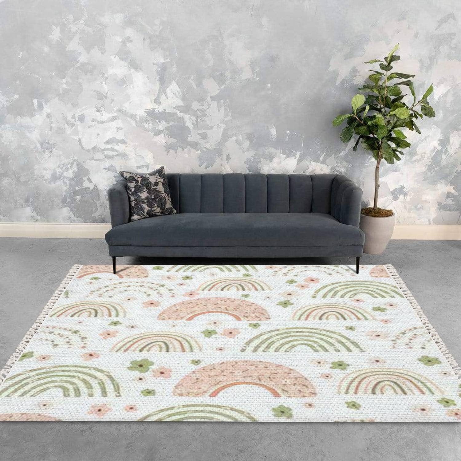 Alfombra bohemia para niños, sin costuras, flores de arco iris, colores pastel, bonita para niños, alfombra tejida con borlas, alfombra bohemia para