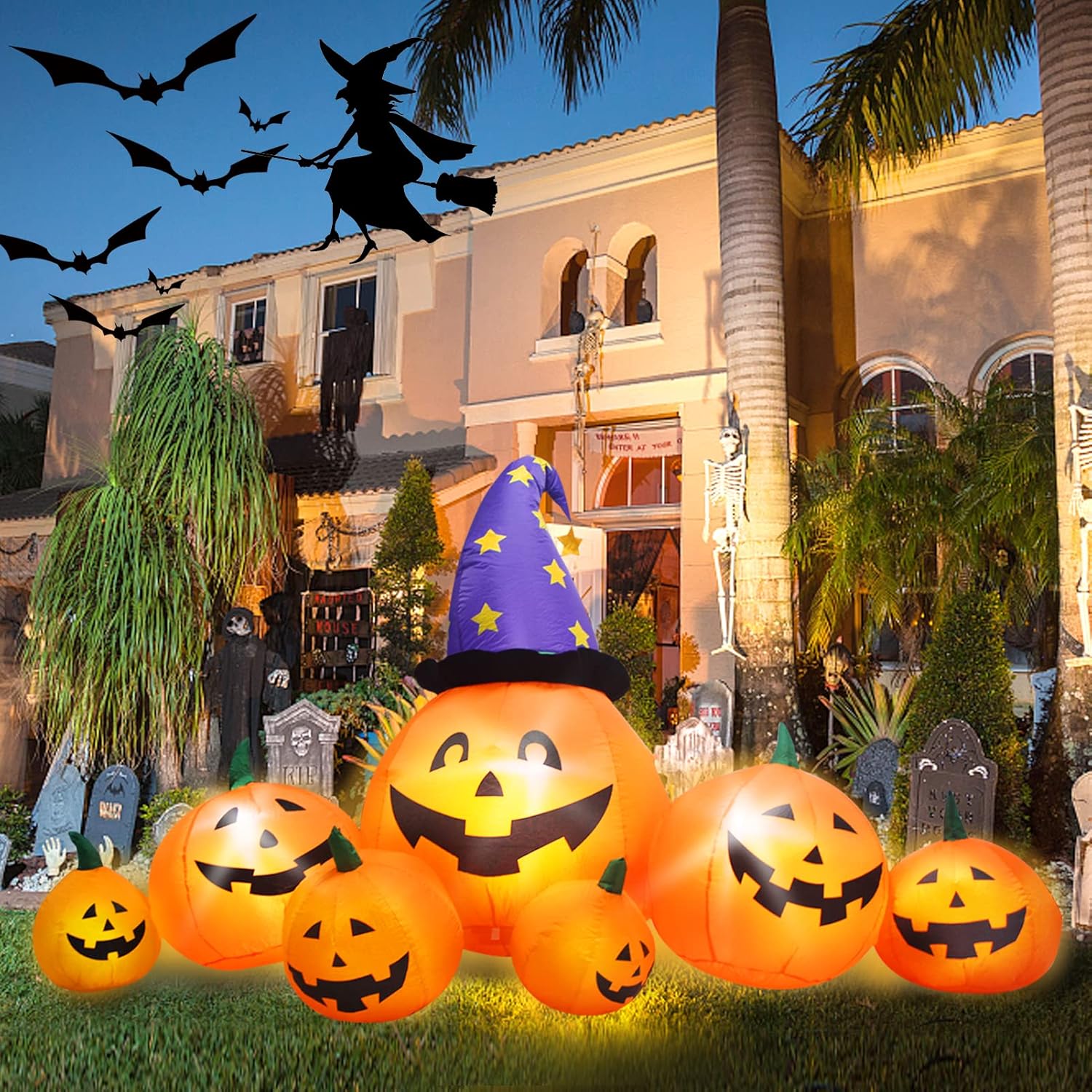 Evoio Calabazas inflables de Halloween de 8 pies para decoración al aire libre, calabazas inflables de patio y sombrero de bruja con luces LED