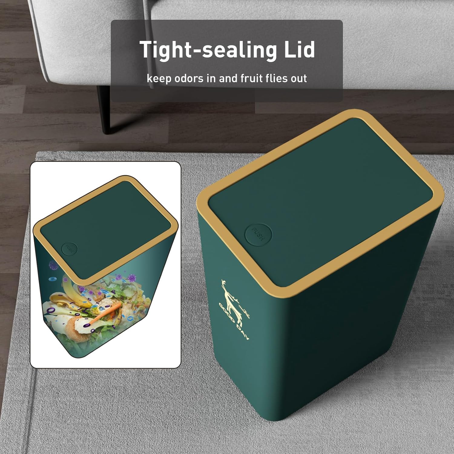 Bathroom Trash Can with Lid(4 Gallon+2.6 Gallon), Small Kitchen Garbage Can with Press Top, Modern Office Waste Basket Dog Proof, Plastic Slim