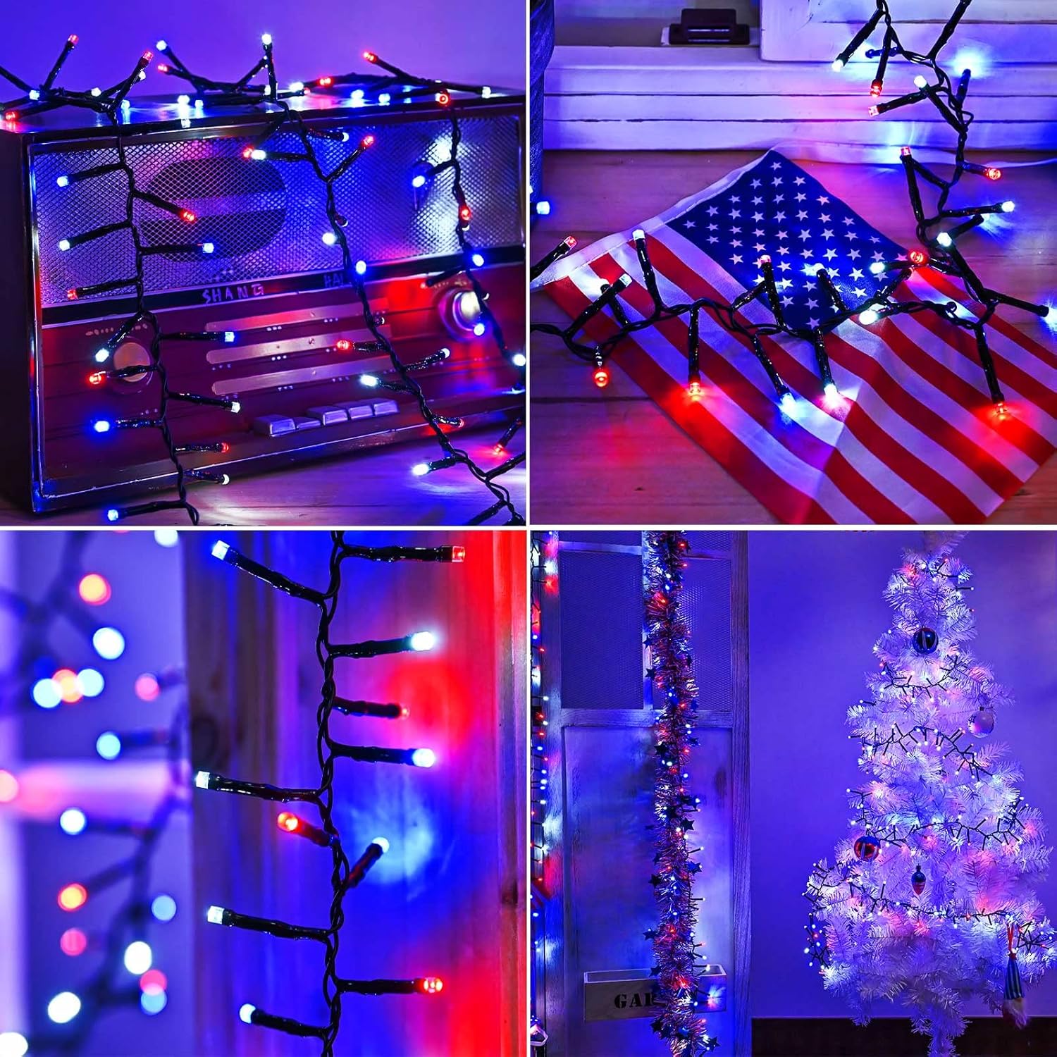 Tira de luces LED rojas, blancas y azules, 400 LED, 19.7 pies, 8 modos, impermeable, para interiores y exteriores, 4 de julio, Día de la