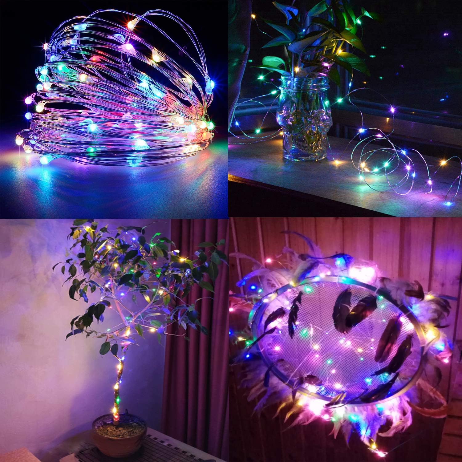 4 luces de hadas que funcionan con pilas, 8 modos de iluminación, 50 LED, 16.4 pies, cadena de luces de alambre plateado, función de temporizador y