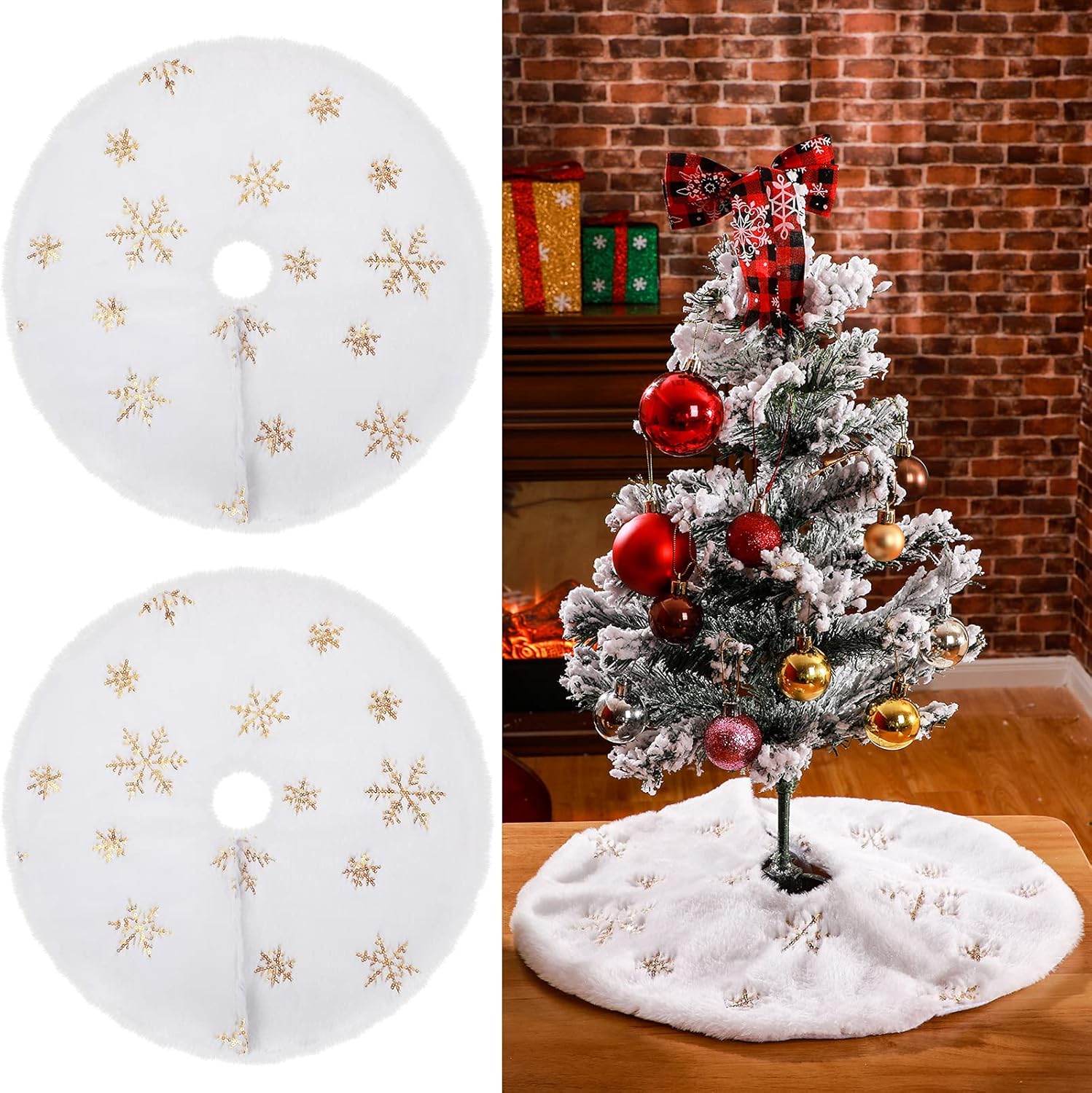 2 faldas de árbol de Navidad de 15 pulgadas, falda pequeña de fieltro blanco para árbol de Navidad, faldas de árbol de lentejuelas pequeñas, patrón