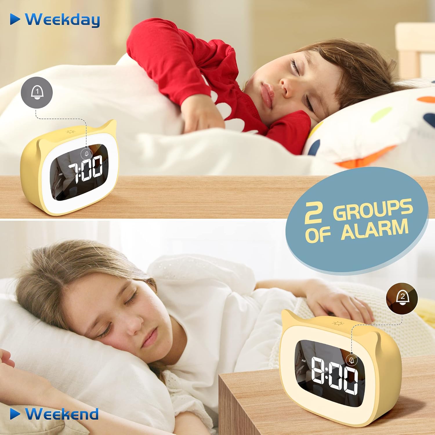 Reloj despertador para niños con luz nocturna y 18 tonos de llamada, recargable, lindo reloj con orejas de gato para regalos de cumpleaños de niños