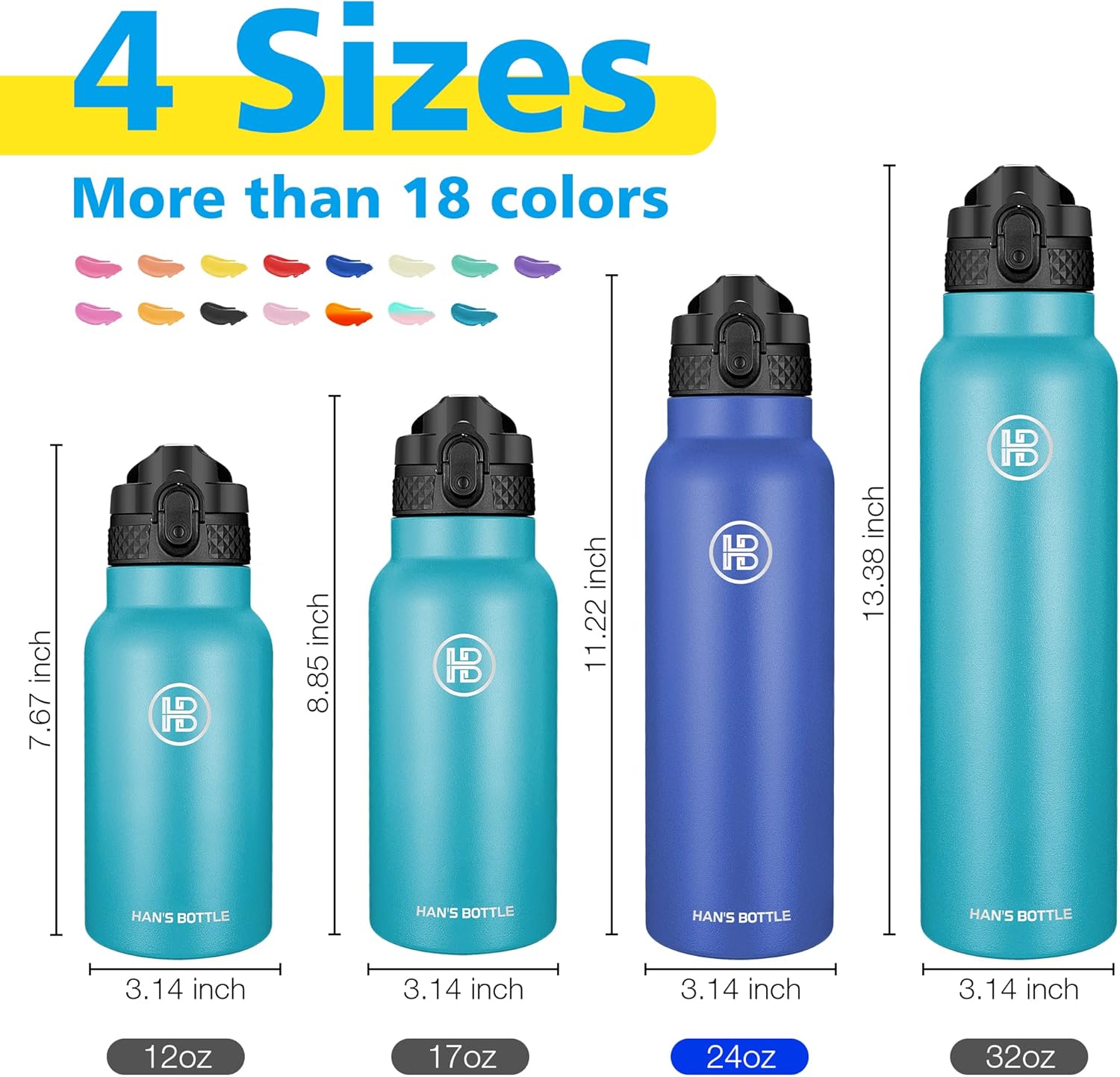 Han’s Bottle Botella de agua deportiva de 24 onzas, tapa con pajilla, a prueba de fugas, acero inoxidable aislado al vacío, doble pared, taza