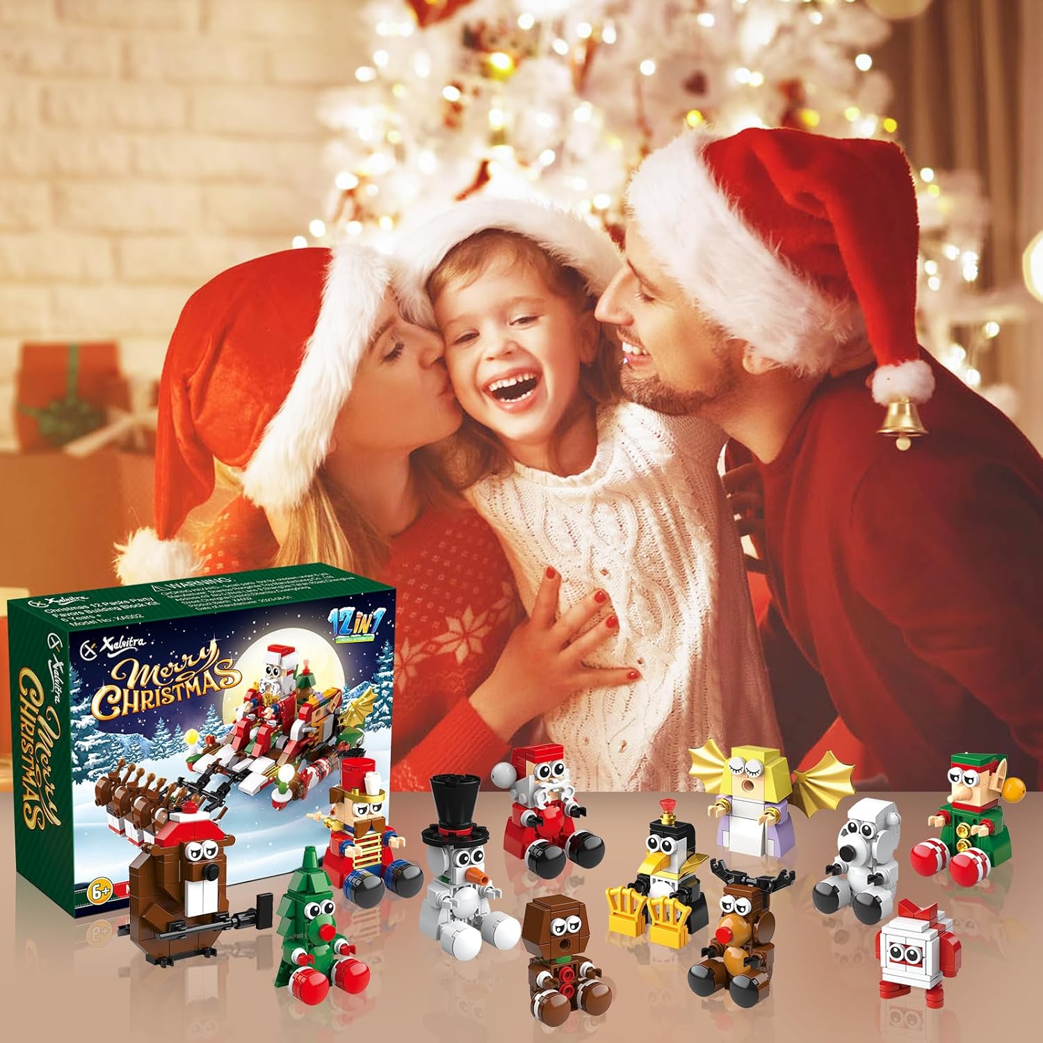 Juego de bloques de construcción 12 en 1 para fiestas de Navidad, juguetes de Navidad, mini ladrillos lindos, 12 piezas, calendario de adviento de