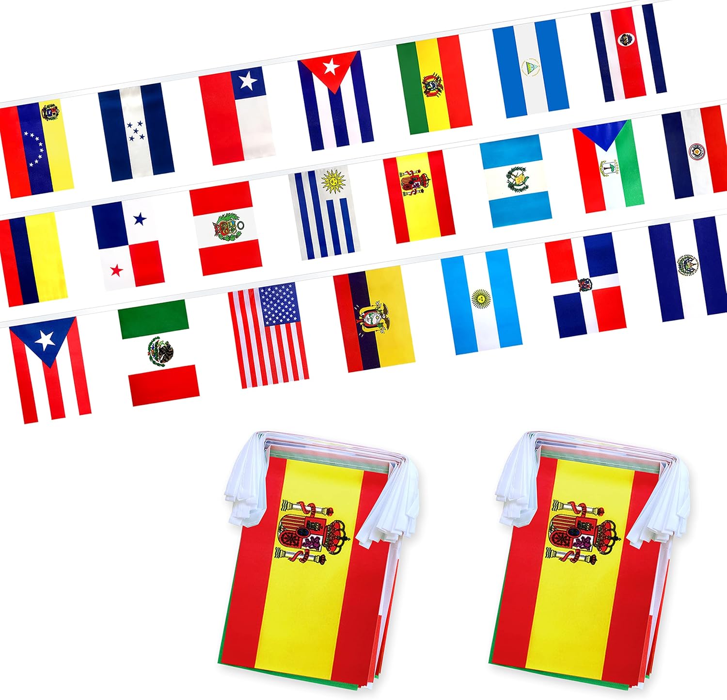 Juego de 22 banderas de habla hispana de 22 países, banderines latinoamericanos para decoraciones del mes hispano, 60 pies, 44 banderas
