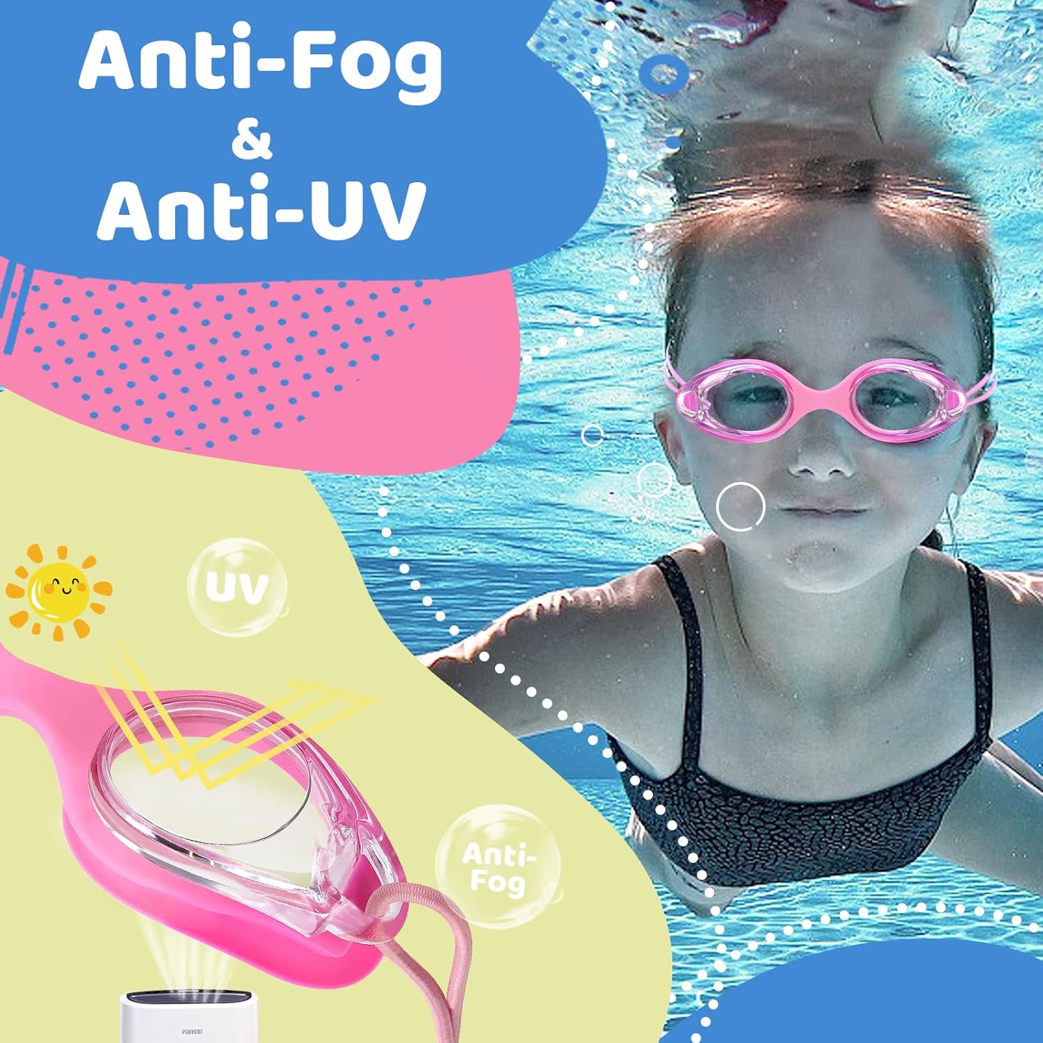 Vvinca Gafas de natación para niños con correa elástica, sin fugas, antiniebla, con ajuste rápido de 3 a 14 años