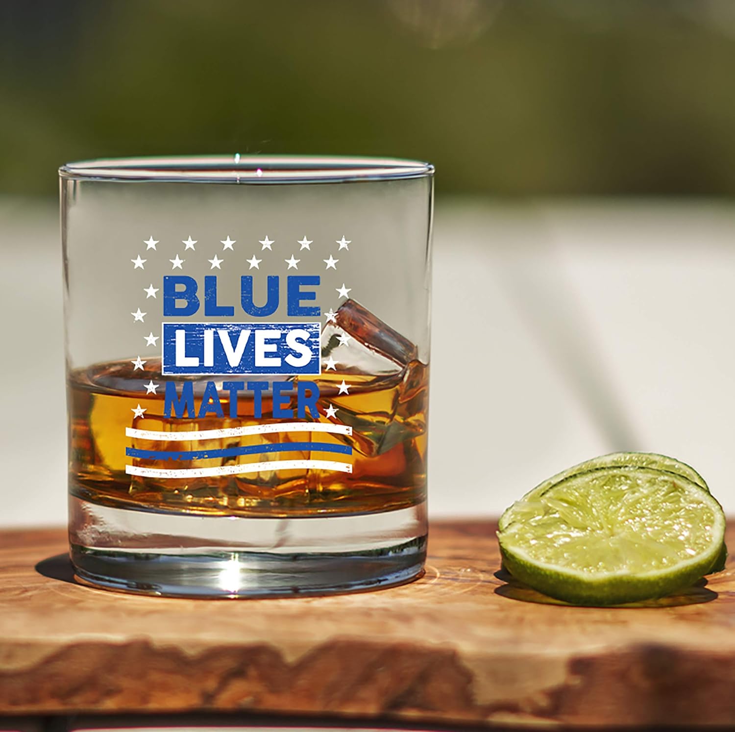 Lucky Shot Blue Lives Matter Design – Vaso de whisky escocés de 11 onzas, novedosos vasos de whisky a la antigua, vidrio clásico de rocas bajas
