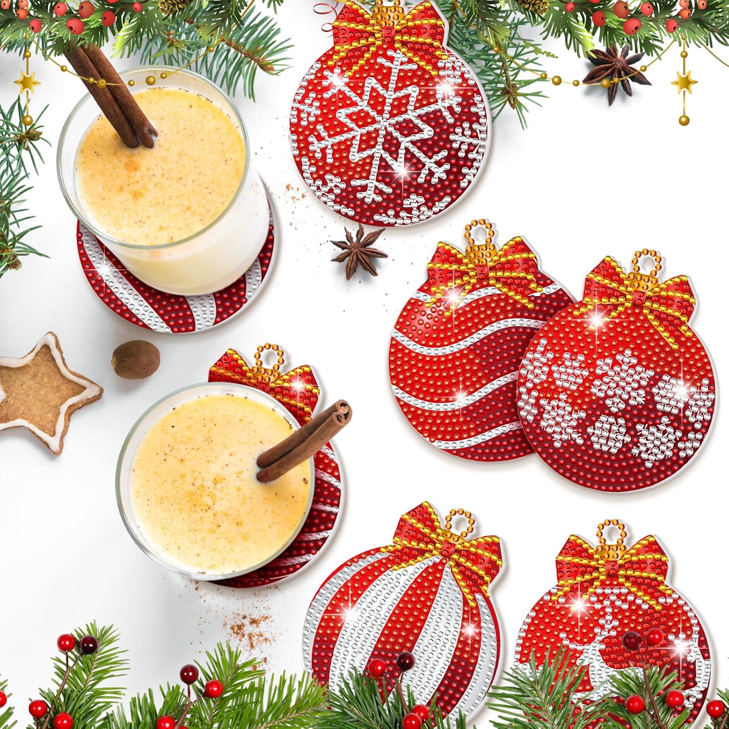 10 posavasos de bola de Navidad con diamantes para manualidades, bola de Navidad, pintura de diamante, posavasos de diamante 5D, posavasos de