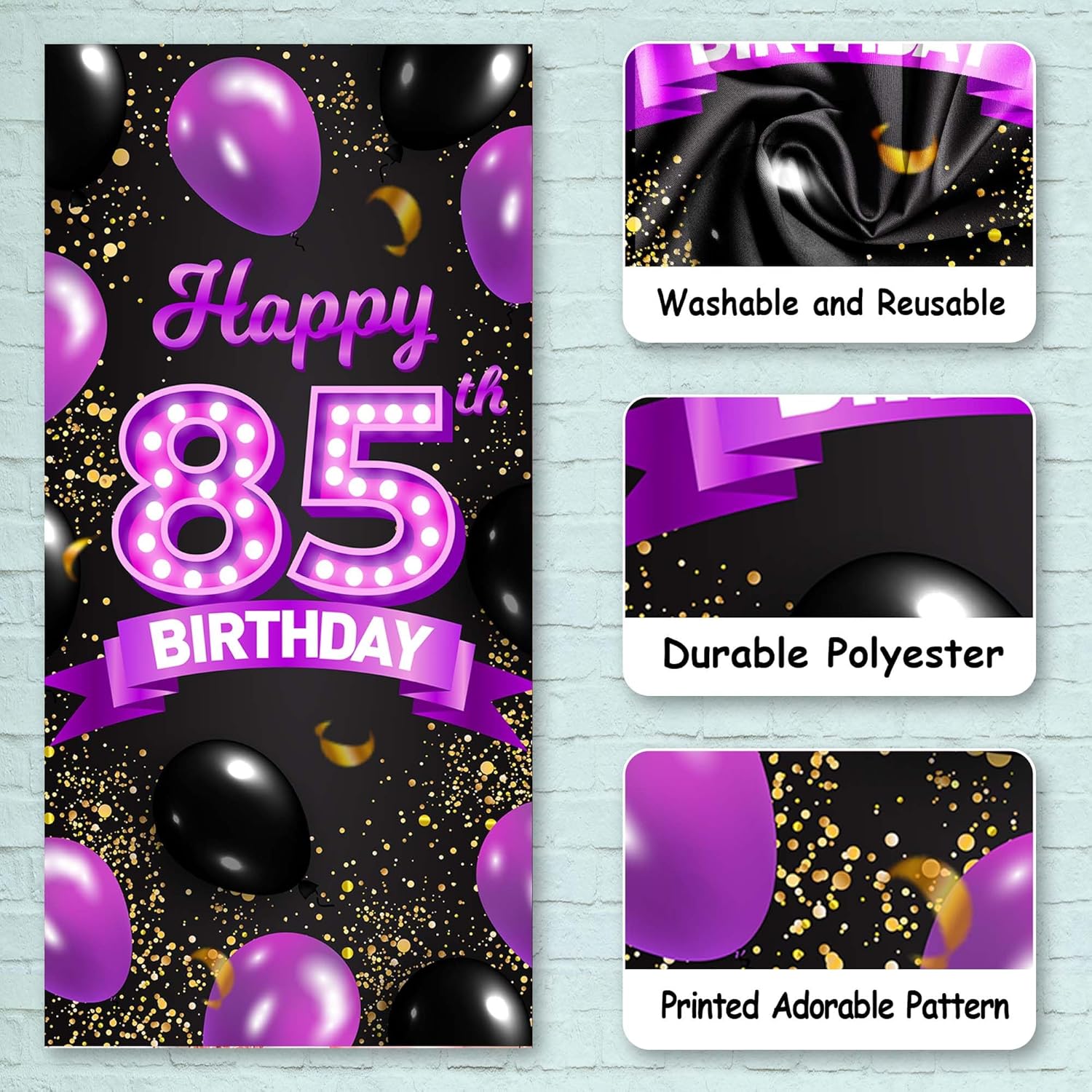 Cartel de feliz cumpleaños 85 morado y negro, decoración temática de globos de confeti de 85 años para mujeres, decoraciones de fiesta de cumpleaños