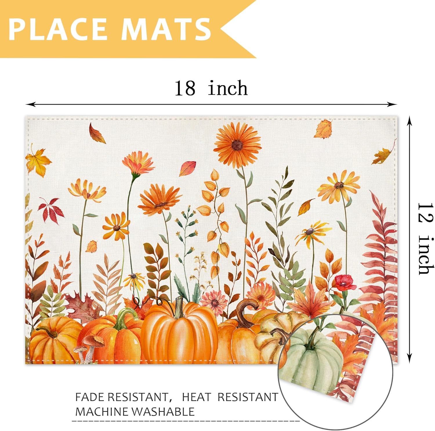 BLKWHT Manteles individuales florales de calabaza de otoño para mesa de comedor, 12 x 18 pulgadas, decoración rústica y lavable, juego de 4 manteles