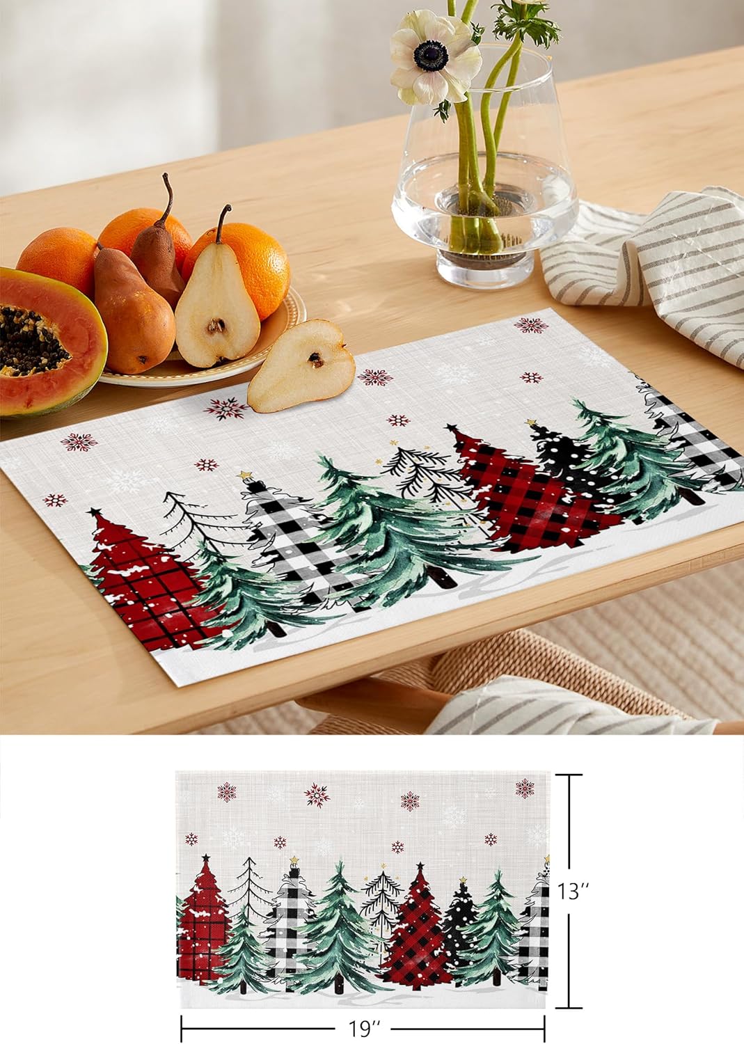 Juego de 6 manteles individuales para árbol de Navidad, antideslizantes, lavables, con diseño de árbol de granja, con copos de nieve, para mesa de