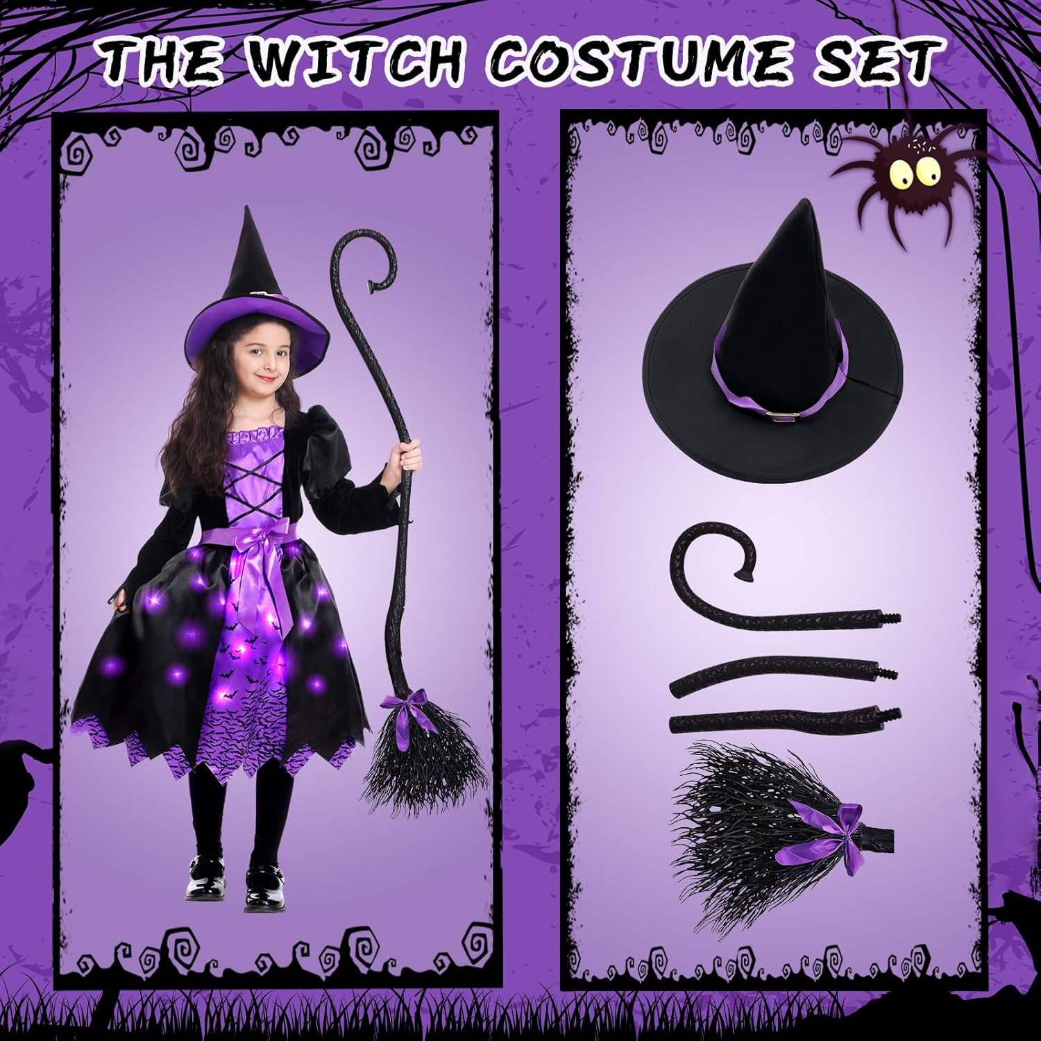 Disfraz de bruja de Halloween iluminado para niñas, conjunto de vestido de bruja con sombrero y escoba para fiestas de juegos de rol para niños