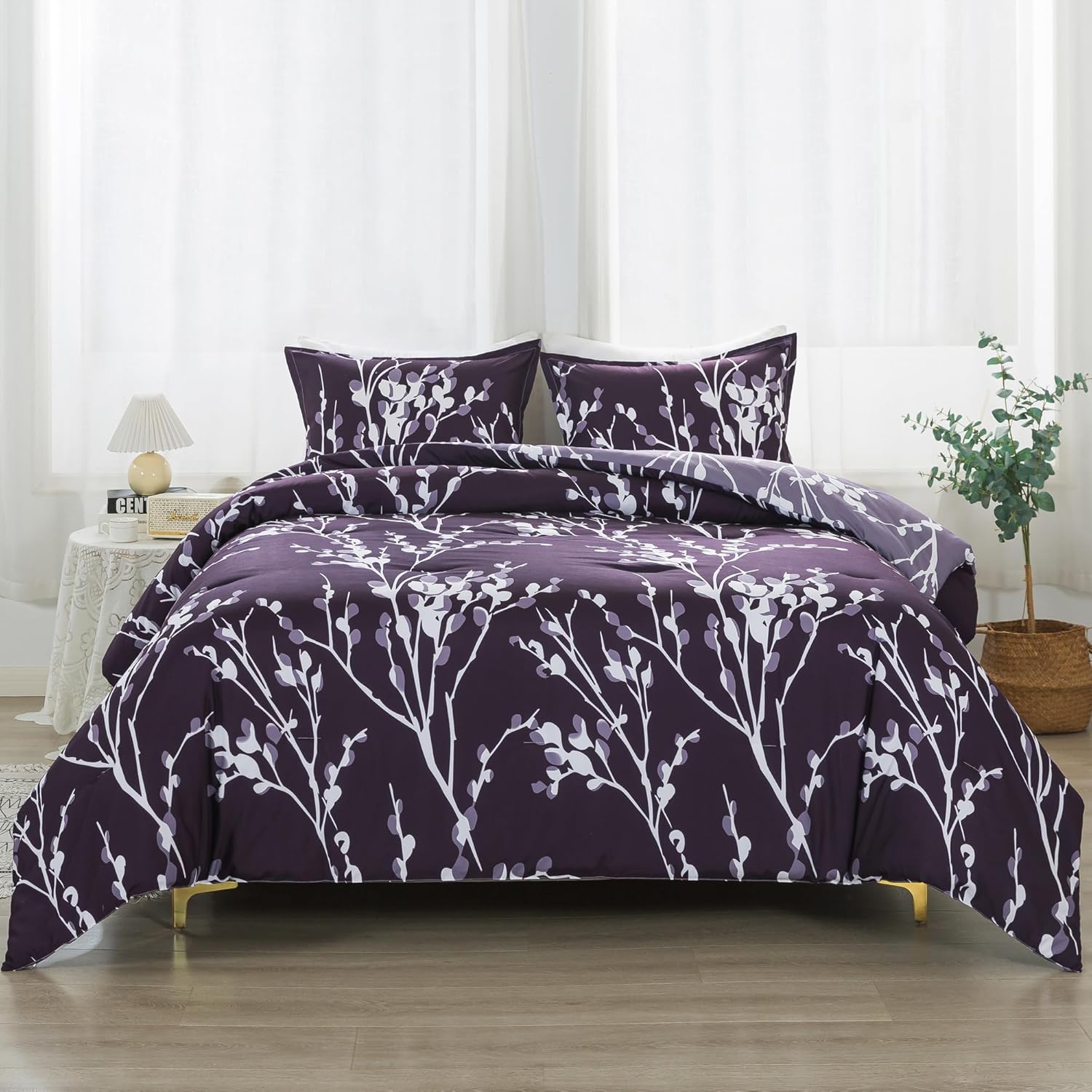 Andency Juego de edredón morado tamaño matrimonial (79 x 90 pulgadas)  Juego de cama reversible de 3 piezas de microfibra suave y ligera con ramas