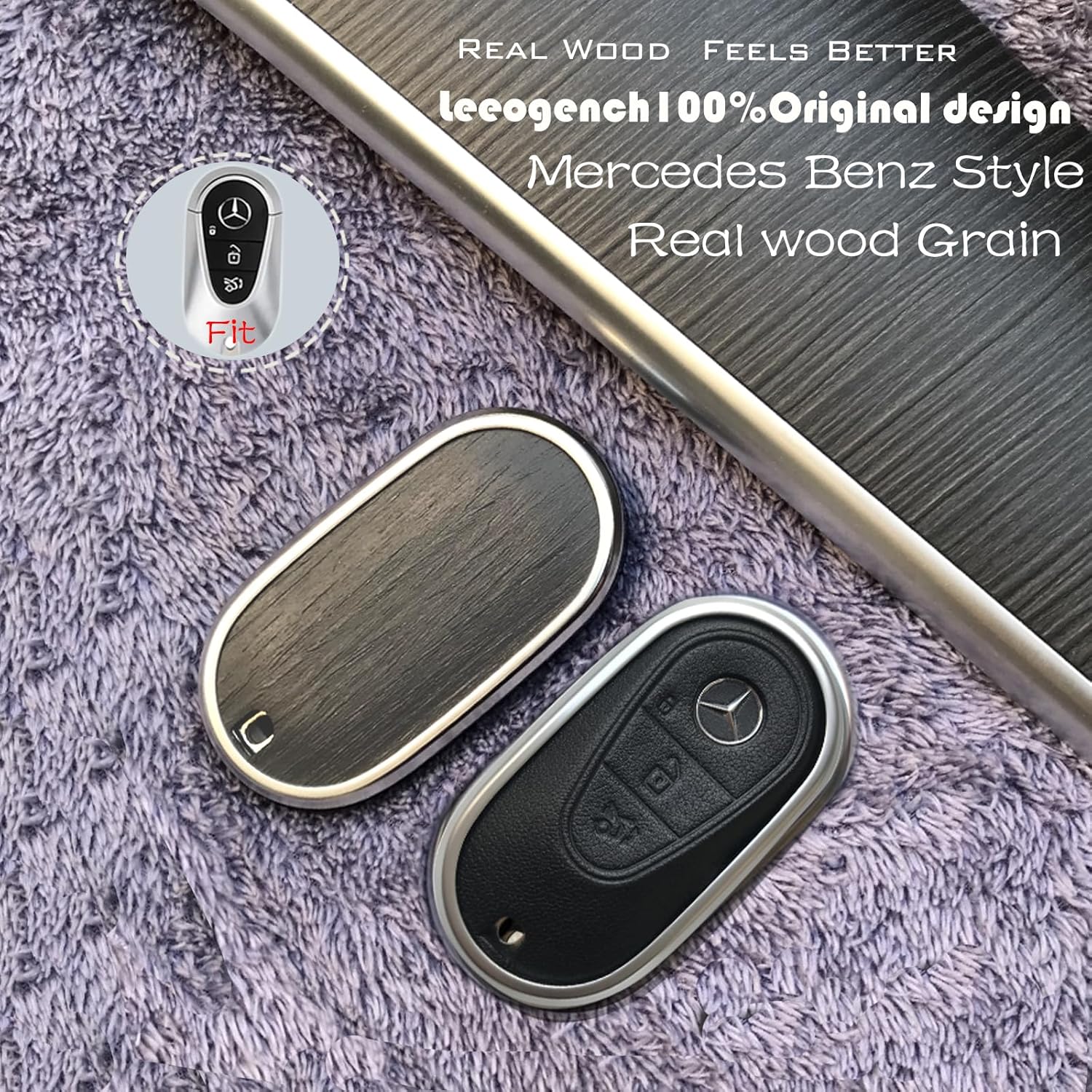 Funda para llave de Mercedes Benz, hecha de chapa de madera real, de cuero auténtico, para llavero compatible con C GLC E S, ect 2022-2023 (roble