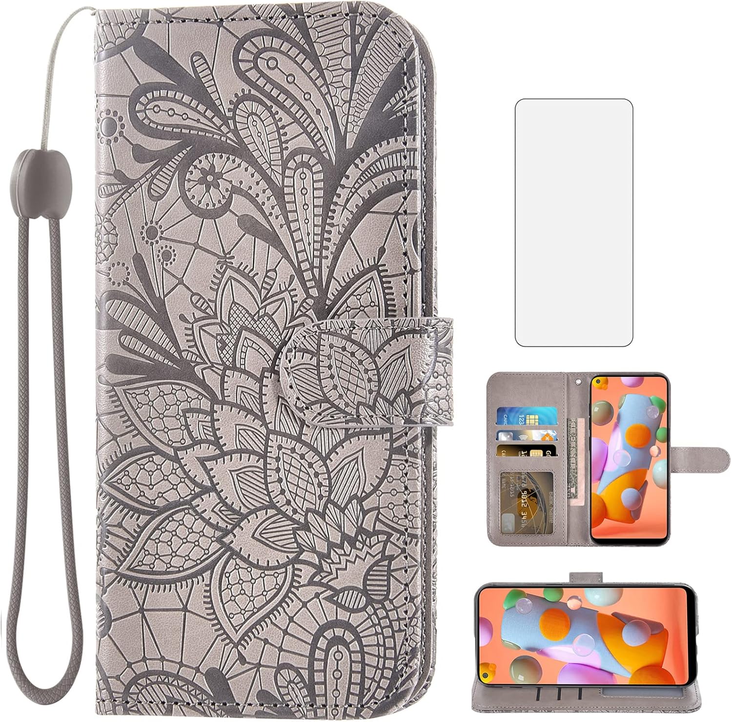 Asuwish Funda compatible con Samsung Galaxy A11 y protector de pantalla de vidrio templado, accesorios, tarjetero con función atril de encaje,