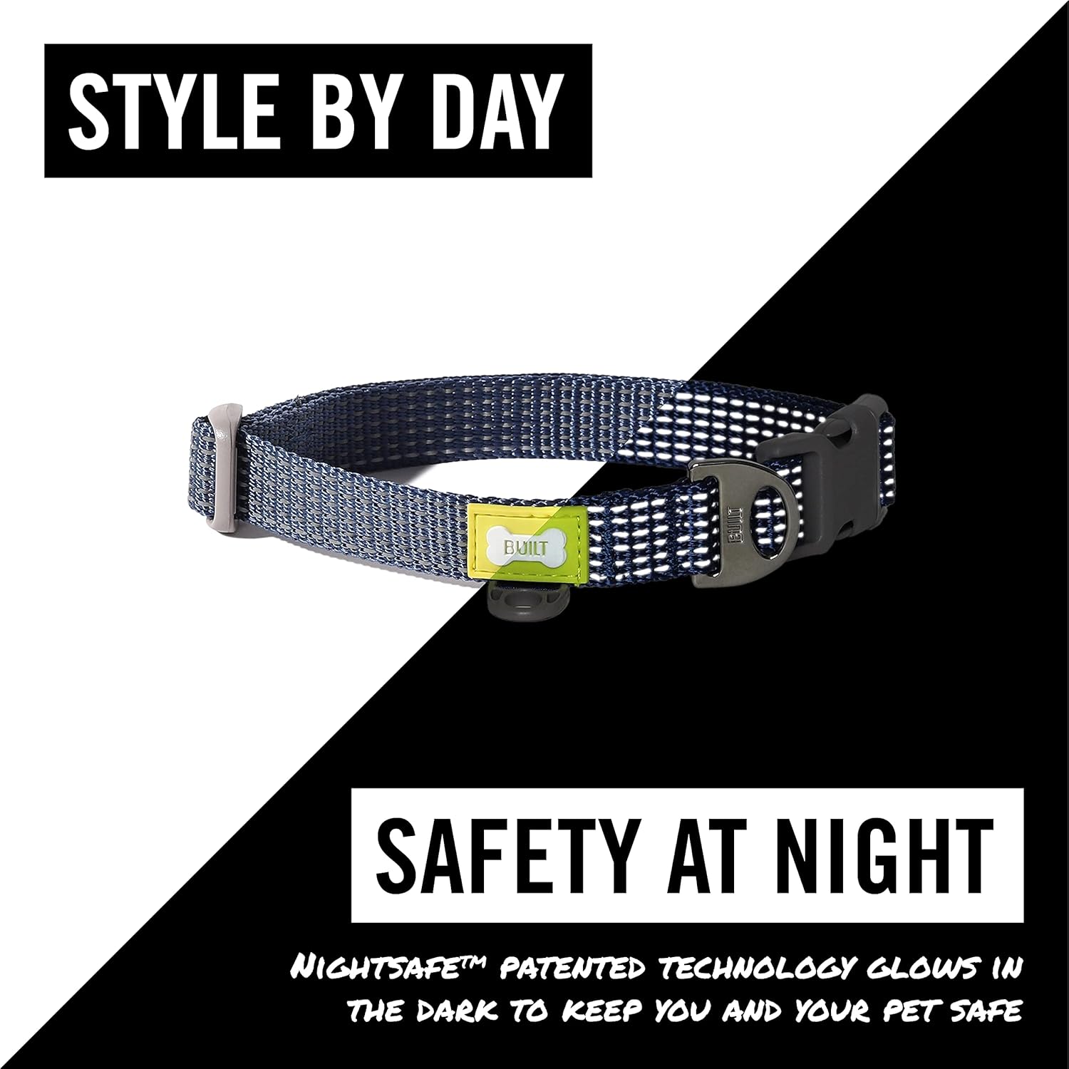 BUILT Pet Nightsafe – Collar para perro grande, azul marino y amarillo