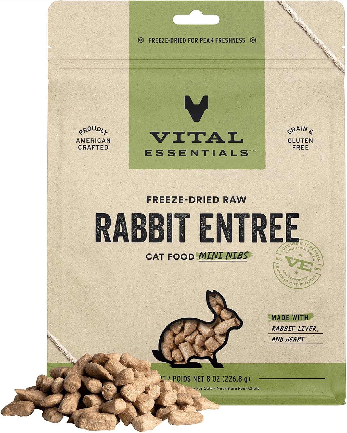 Vital Essentials Alimento crudo liofilizado para gatos, mini puntas de conejo, 8 onzas
