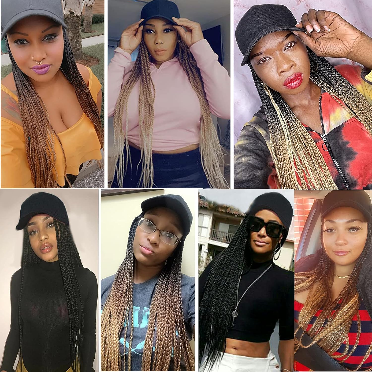 Gorra de béisbol con peluca larga trenzada de color negro, con cabello sintético trenzado para mujeres y niñas (B-negro)