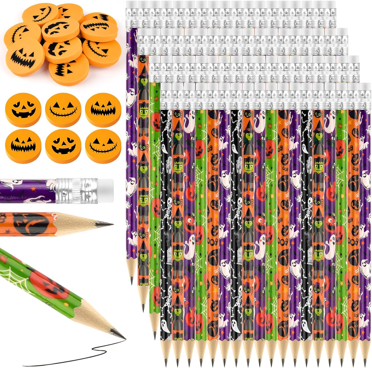 48 lápices de Halloween con 48 piezas de borradores de calabaza 3D a granel para niños, estudiantes, bolsas de regalo, regalos para oficina,