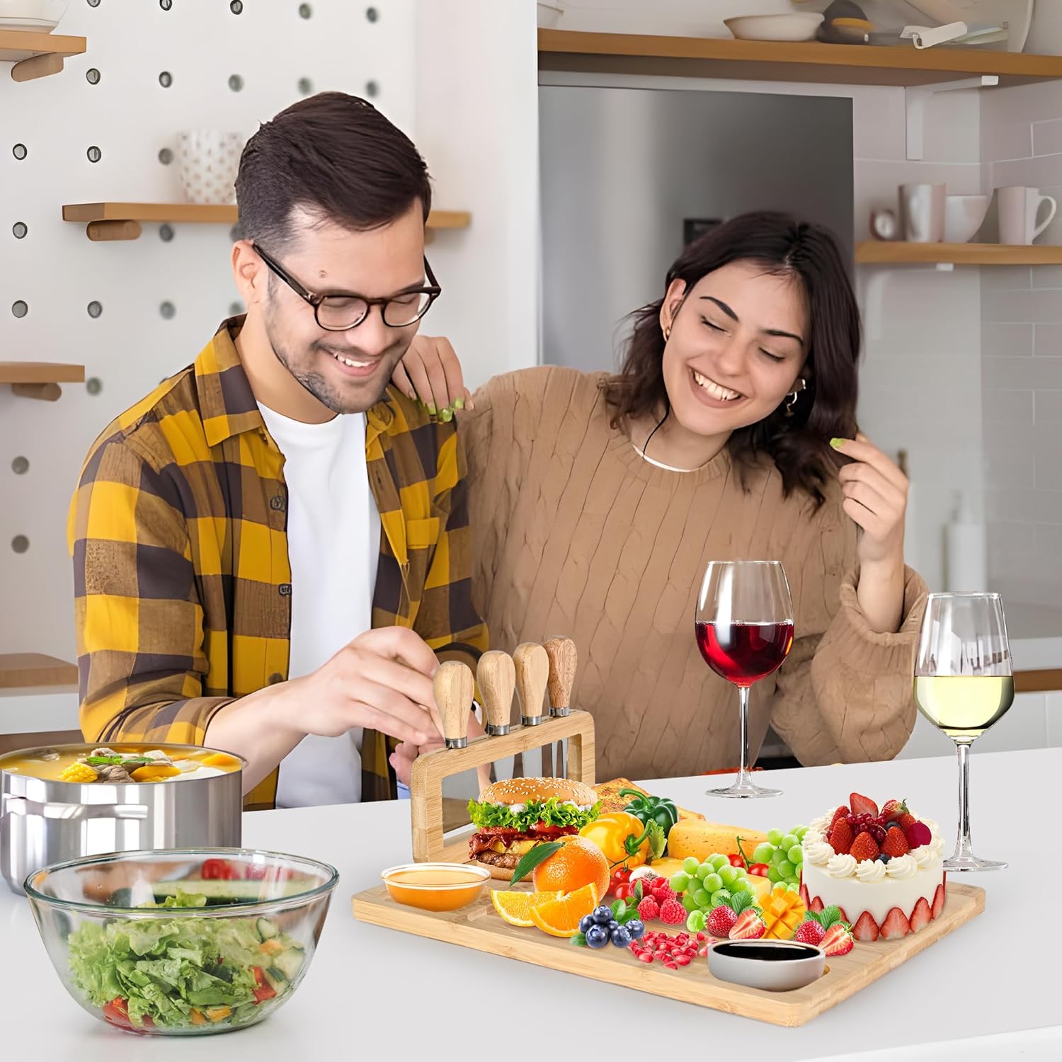 Juego de tabla de queso de bambú y cuchillos, juego de tablas grandes de charcutería de 14 x 11 pulgadas, bandeja de queso con soporte para