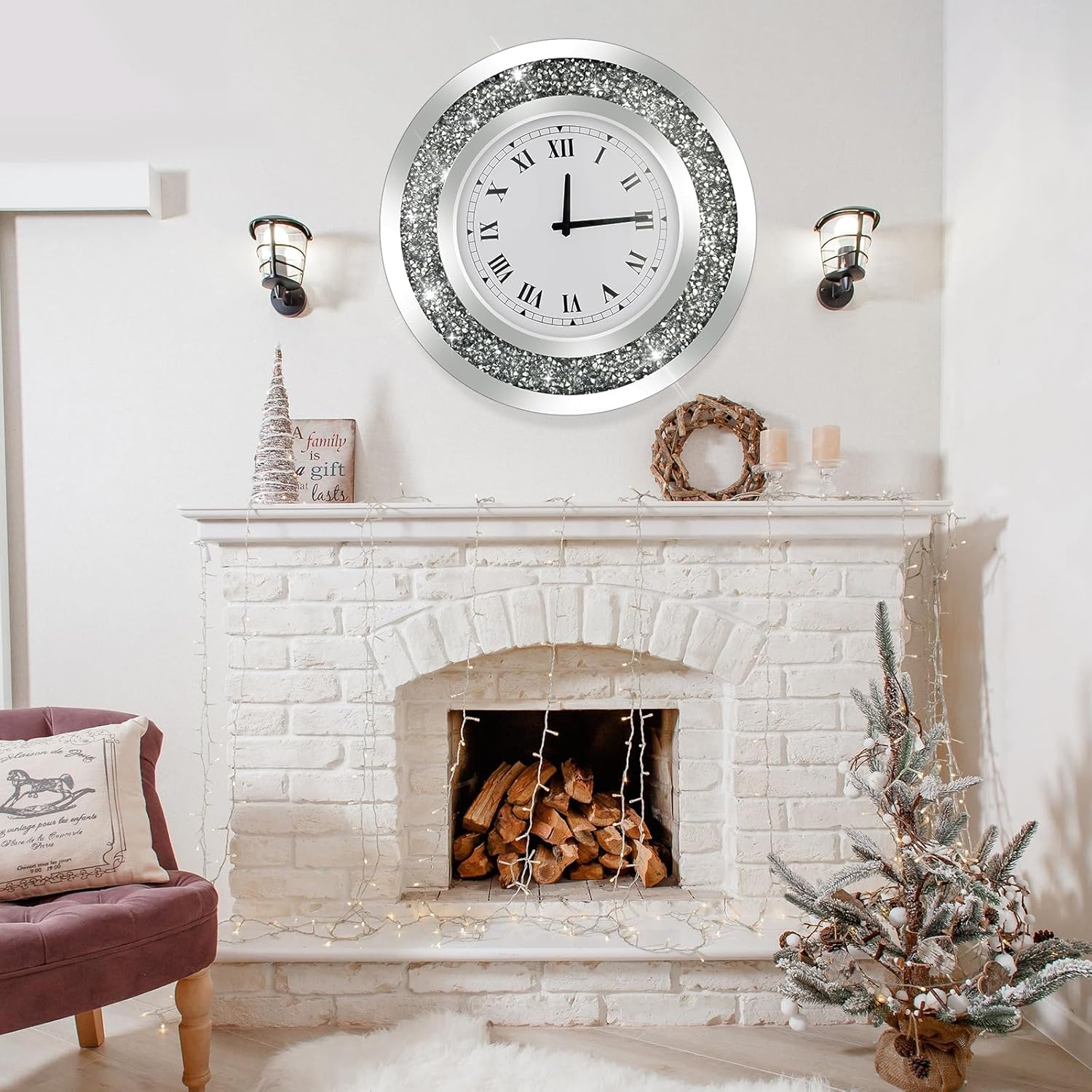 Reloj de pared grande con diamantes brillantes redondos plateados para decoración de pared (20 pulgadas)