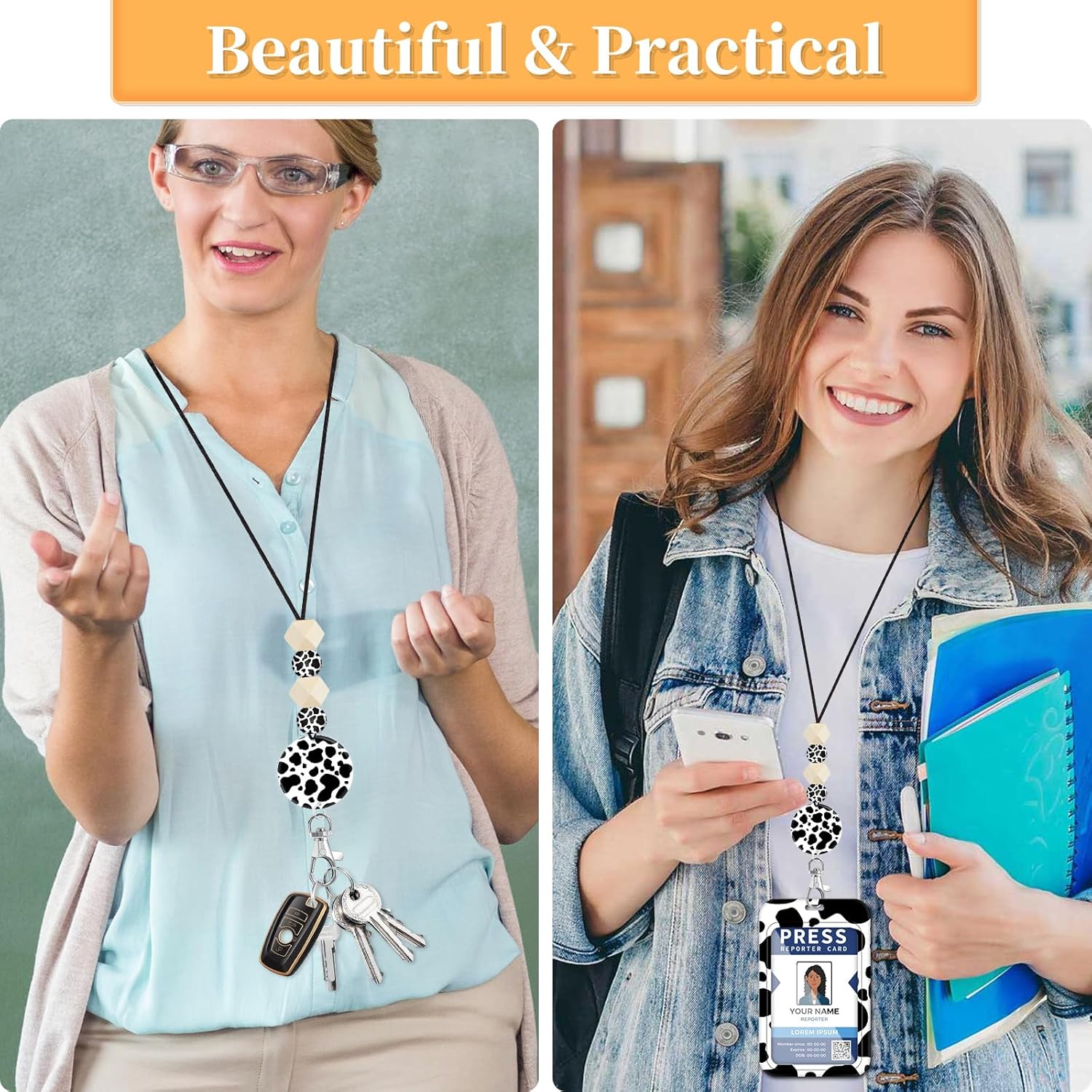 Toykee Cordón para profesor para tarjeta de identificación, para hombres y mujeres, con cuentas, cordón para el cuello, soporte para insignias de