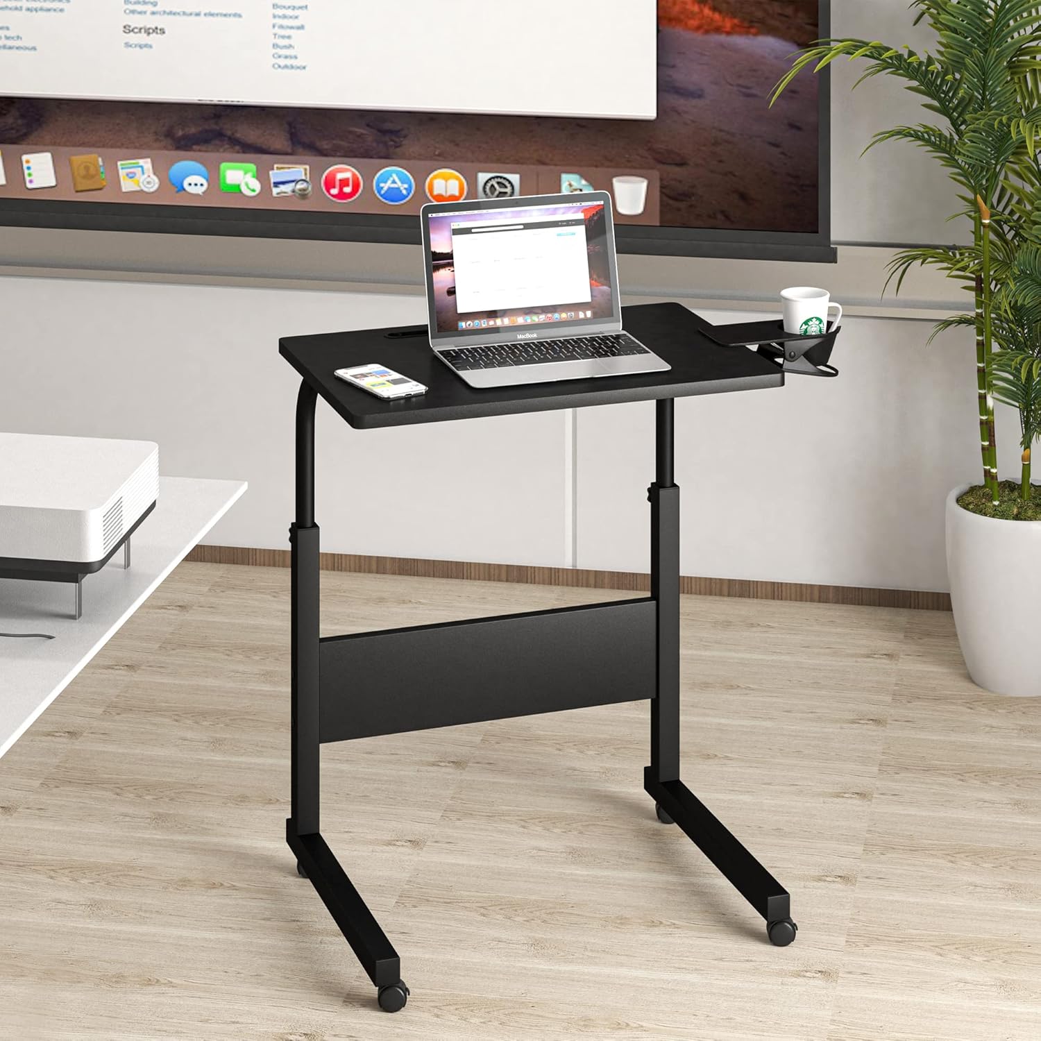 Klvied Escritorio de pie de altura ajustable, escritorio de pie con soporte para tazas, escritorio portátil para laptop, móvil, escritorio para
