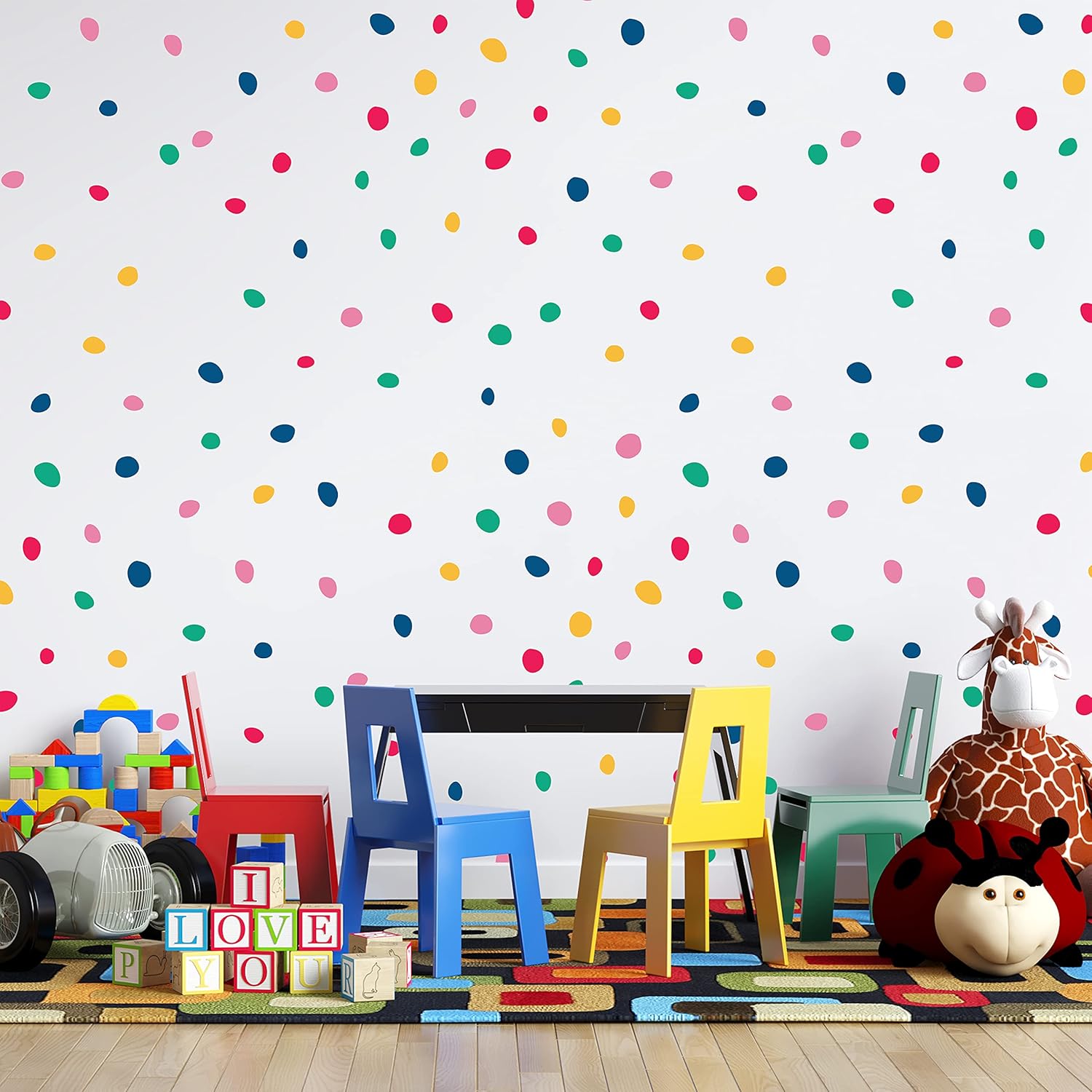 130 calcomanías de pared de lunares coloridos dálmatas para pared de niños, dormitorio, sala de estar, aula, sala de juegos, decoración de