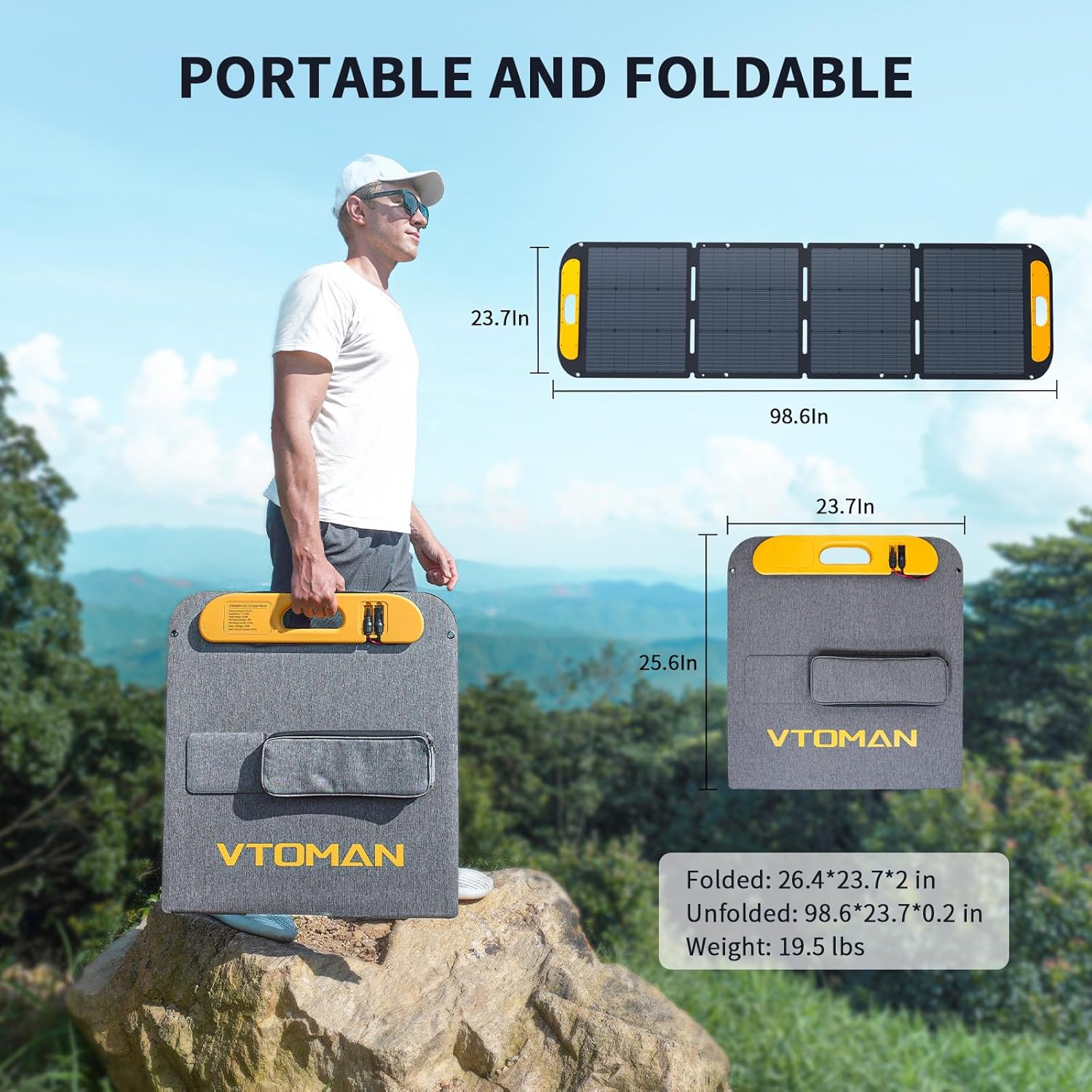 VTOMAN VS220 Pro Panel solar portátil de 220 W 48 V, 23% de eficiencia, panel solar plegable con impermeabilidad IP67 y adaptadores MC-4 Anderson