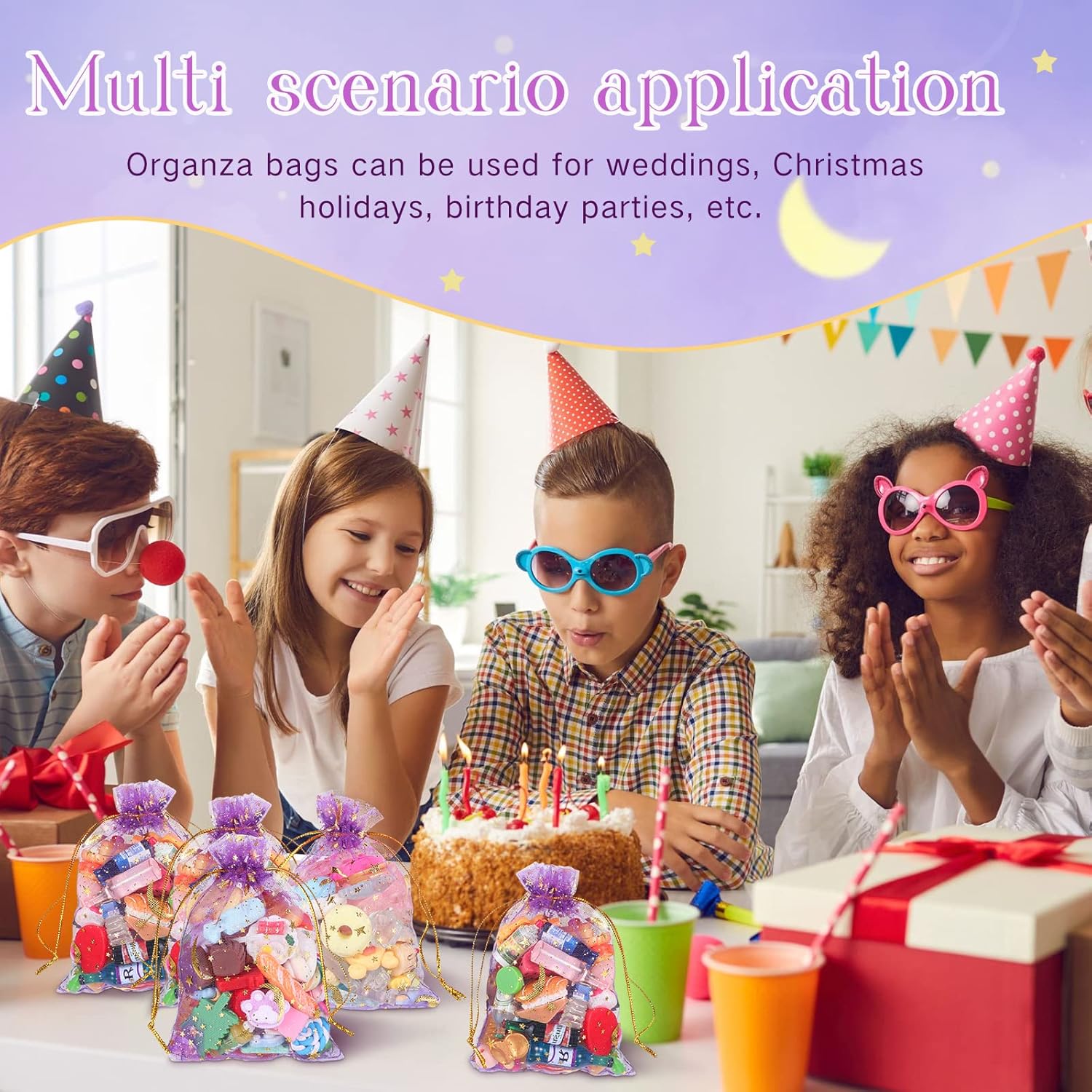 Shappy 150 bolsas de organza con cordón y estrellas de luna, bolsas de regalo de joyería, bolsas de organza con estrellas doradas para Navidad,