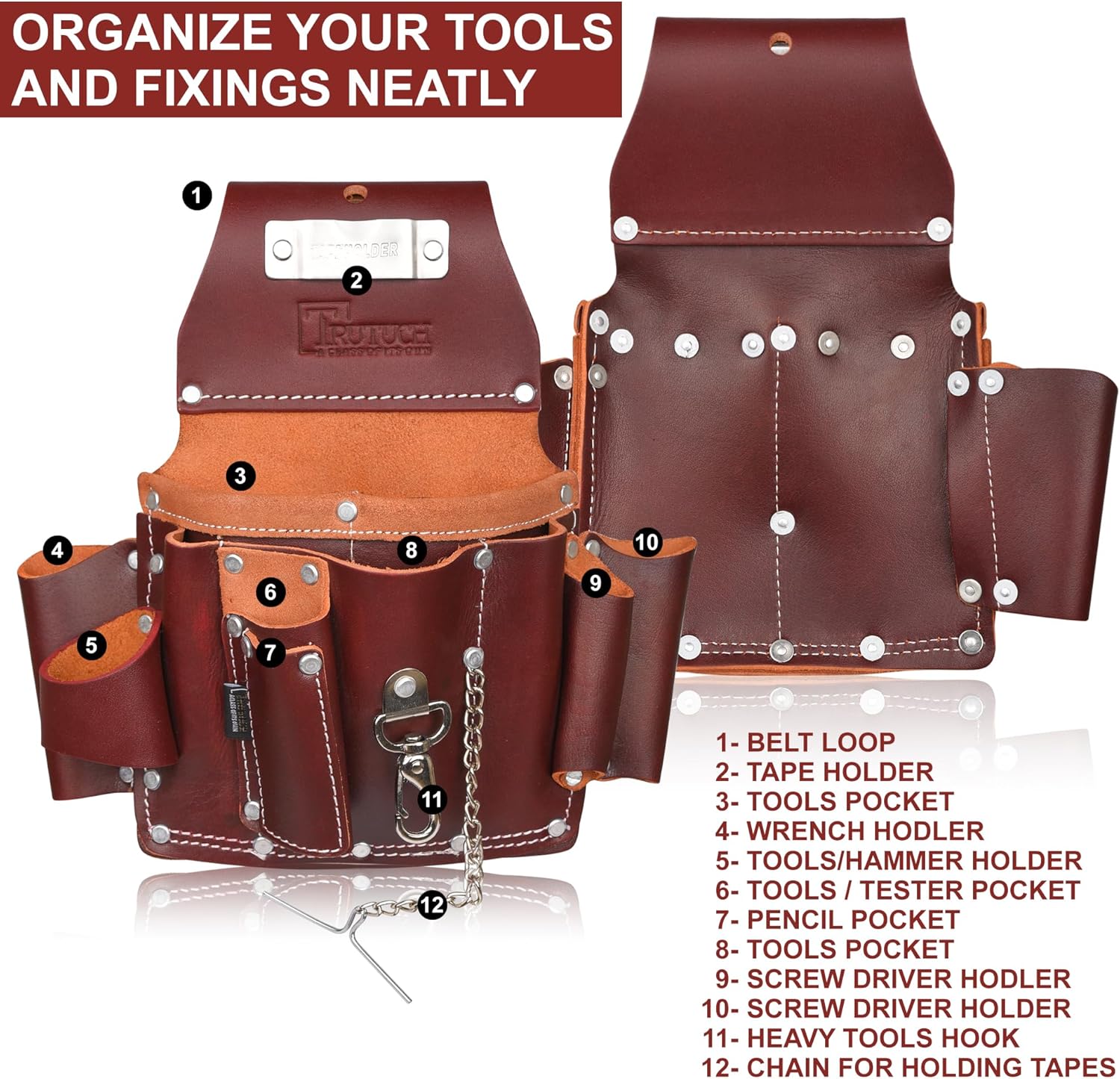 Bolsa de herramientas de electricista de cuero de grano granate, bolsa de herramientas eléctricas de carpintero  Bolsa de electricista para hombres