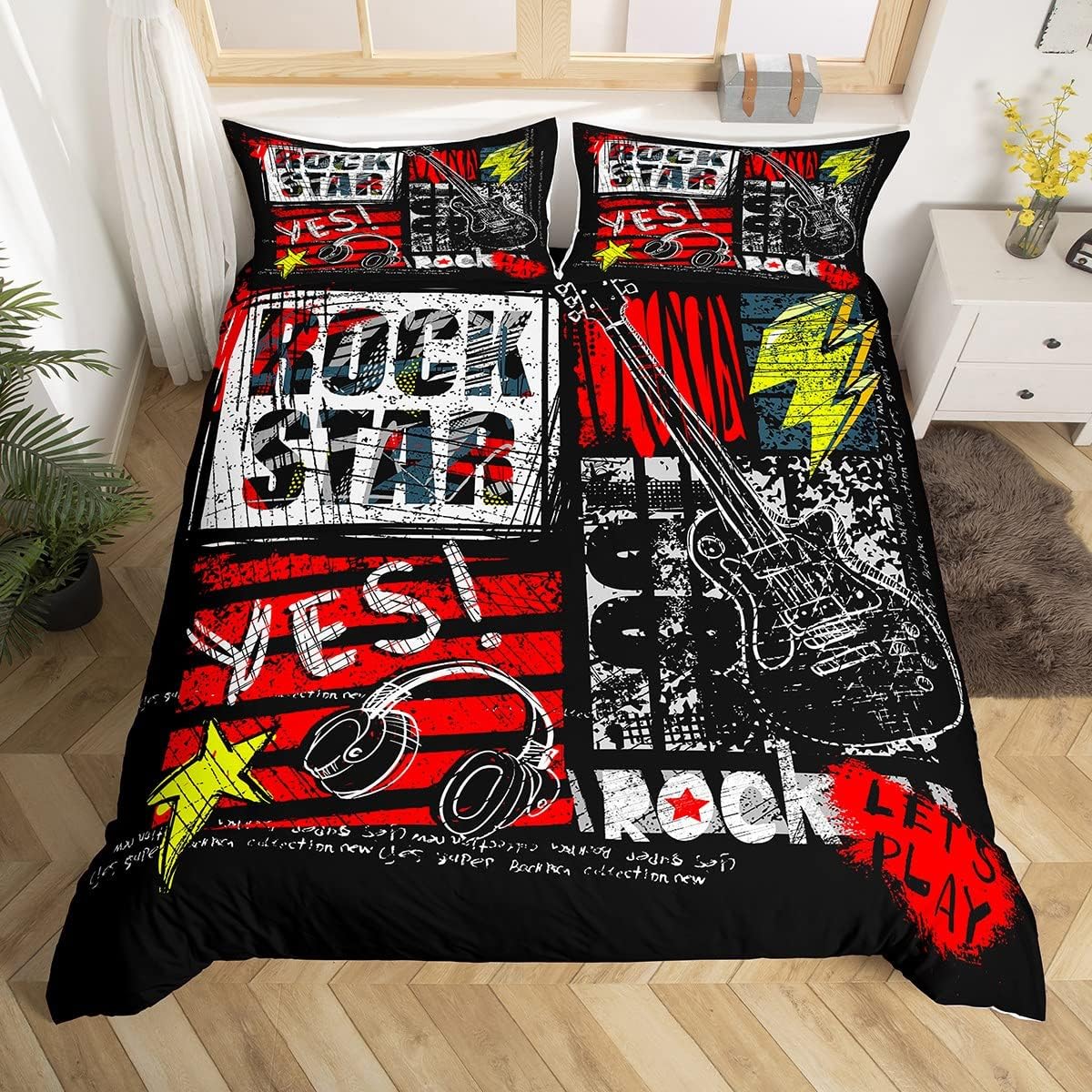 Manfei Juego de funda de edredón con diseño de rock roll, juego de ropa de cama de 3 piezas con estampado de auriculares y guitarra, para decoración