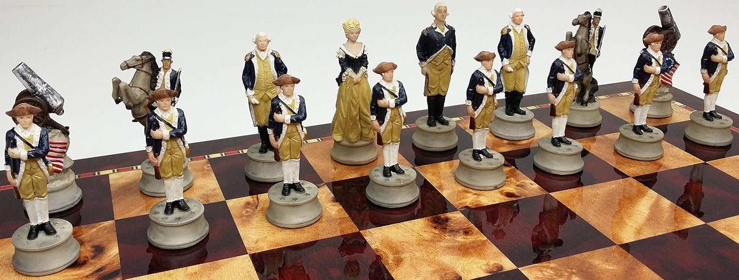 Juego de ajedrez de guerra de independencia revolucionaria americana con tablero de color cereza y Burlwood de 18 pulgadas