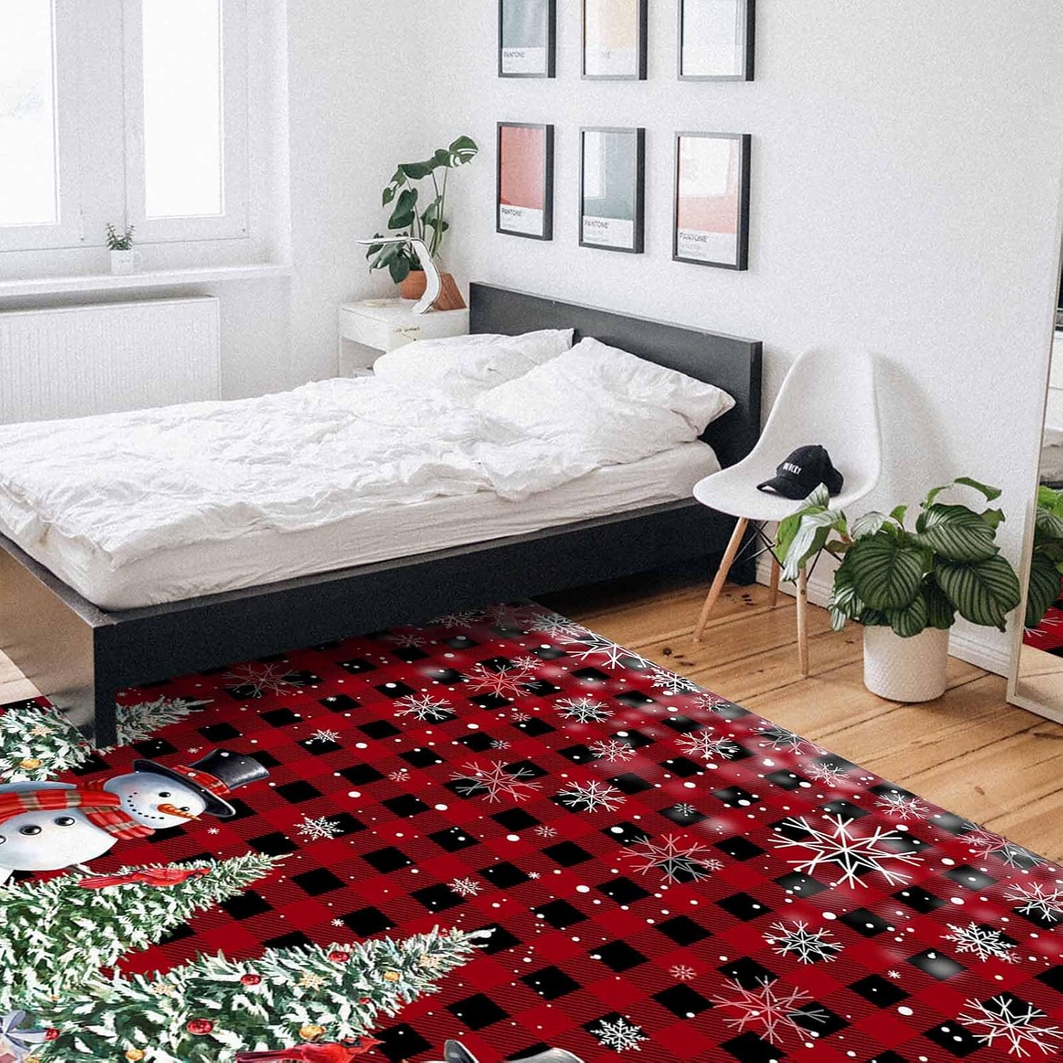 Alfombra de área de muñeco de nieve de Navidad, árbol de Navidad, copos de nieve, rojo y negro, a cuadros, antideslizante, lavable, alfombra para