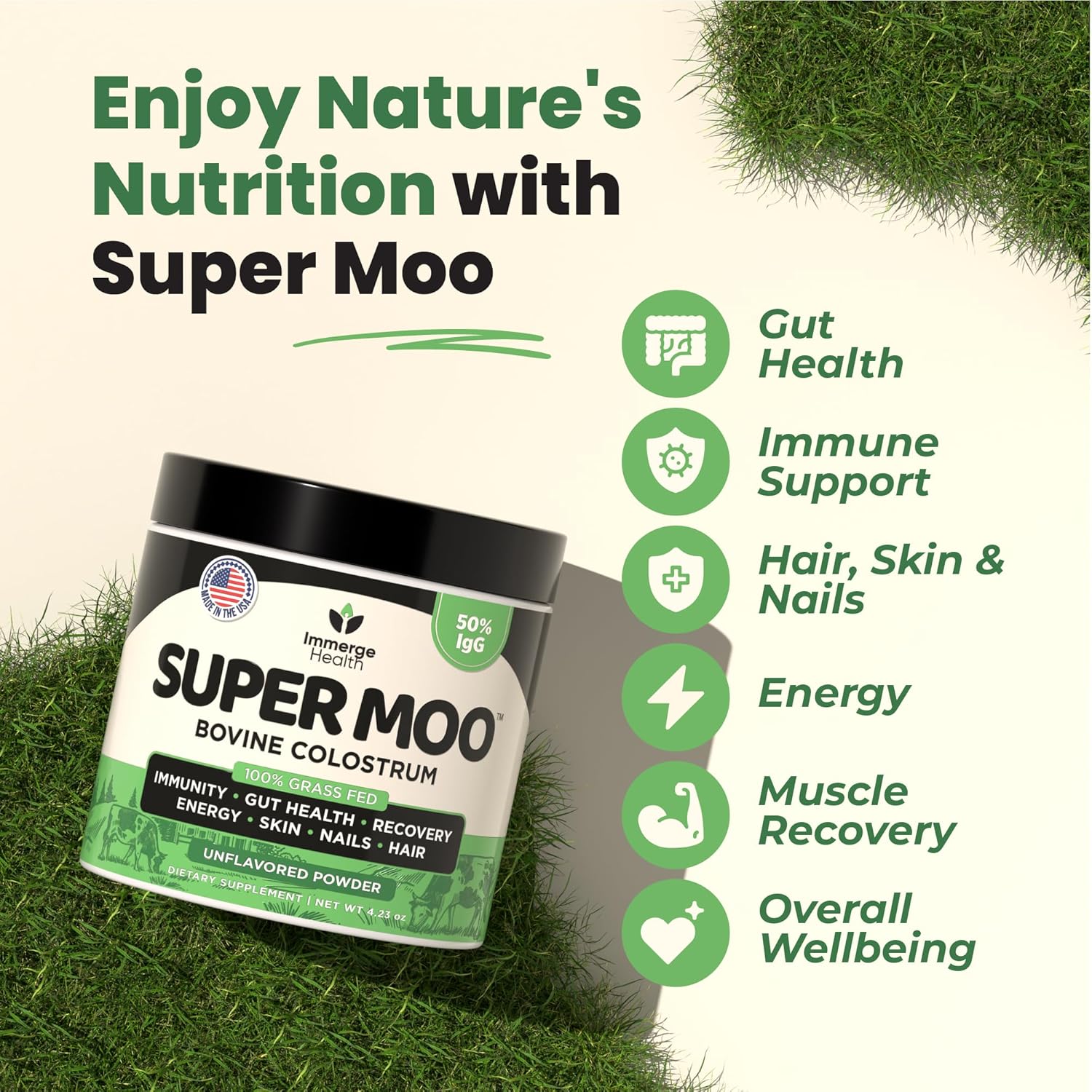 Super Moo – Polvo de calostro bovino alimentado con pasto  Salud intestinal, recuperación muscular, energía, cabello, piel y suplemento inmunológico