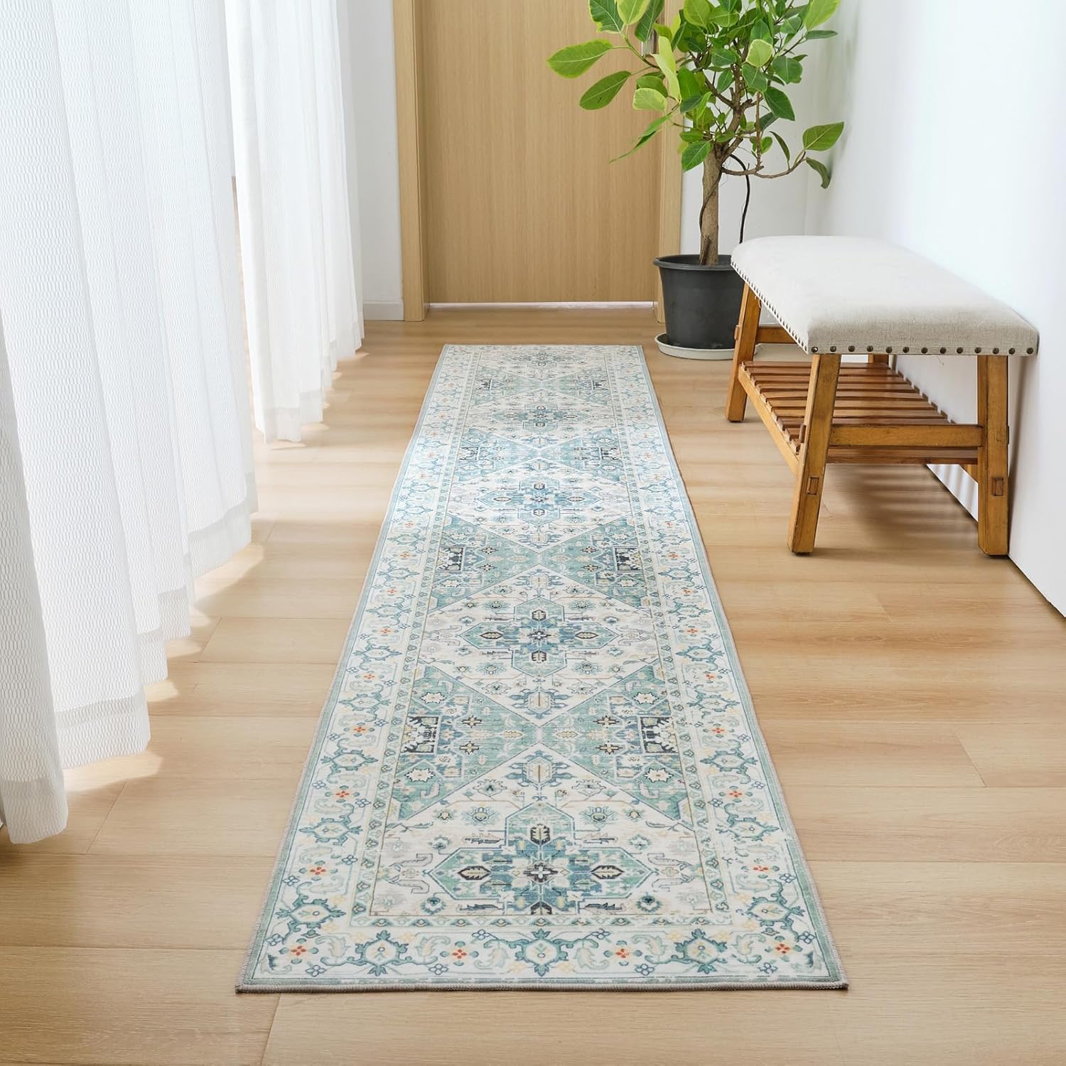 Alfombra de pasillo, alfombra larga vintage lavable de 2 x 10 pies, con parte trasera antideslizante, medallón ultrafina, no desprende pelo,